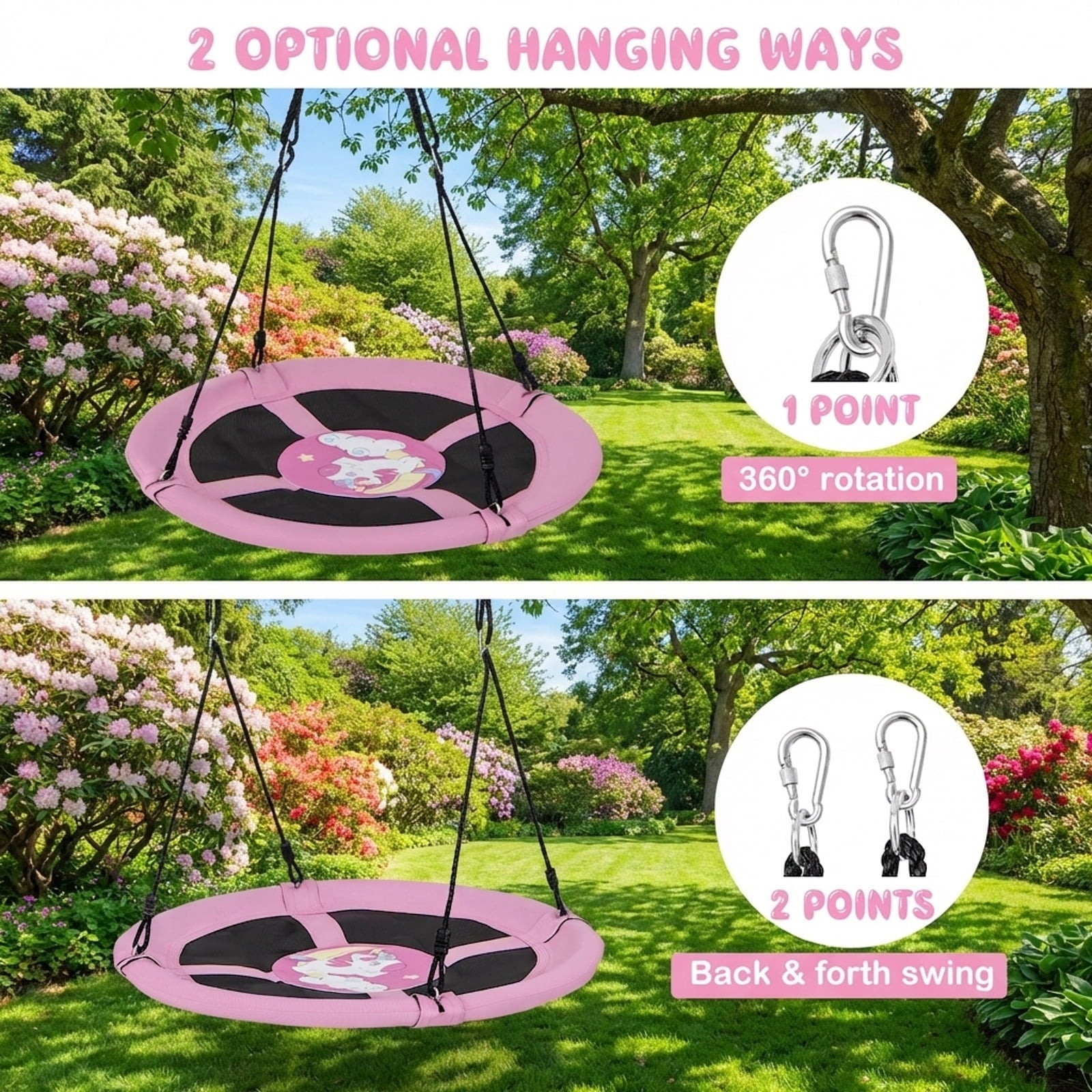 Redsmile 40 Inches Saucer Tree Swing Round with Adjustable Ropes and Carabiners - Pink - Backyard Play