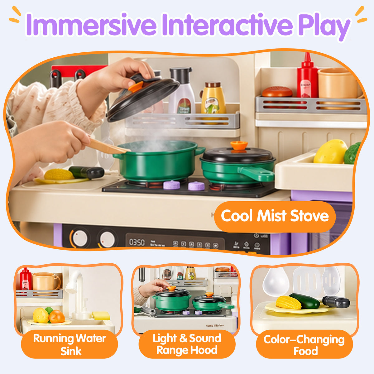 Redsmile Play Kitchen Set with Interactive Menu, Steam Stove, Ice Coffee Maker, Lights, Sounds Music, Apron Set and Food Cards,Pretend Play Toys Gifts for Kids,Purple