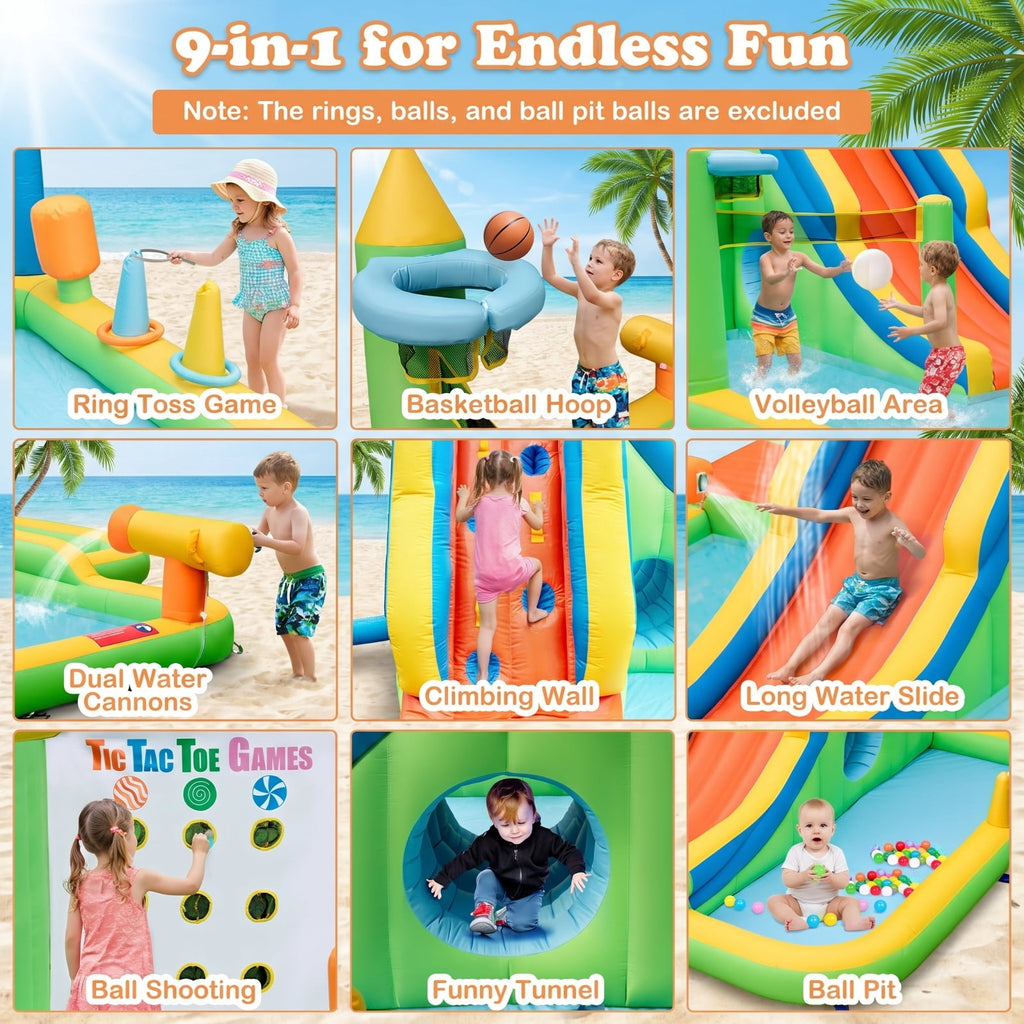 Redsmile Inflatable Water Slide with Splash Pool and Climbing Wall for Oudoor Indoor without Blower