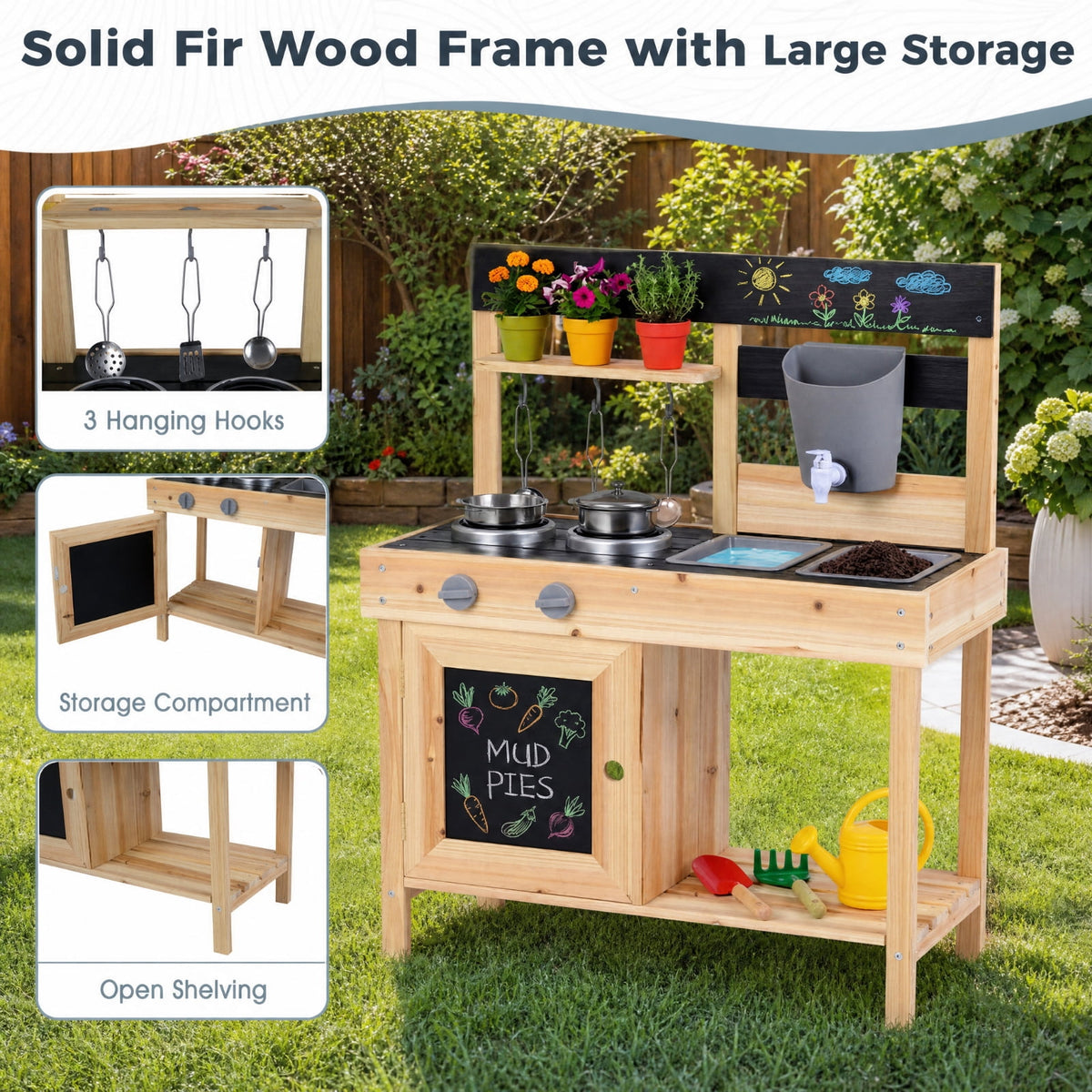 Redsmile Mud Kitchen for Kids Outdoor with 2 Removable Sinks, Fir Wood Play Kitchen Set with Water Box Faucet 2 Stoves and 5 Kitchenware, Toddler Backyard Playset for Ages 3+, Natural