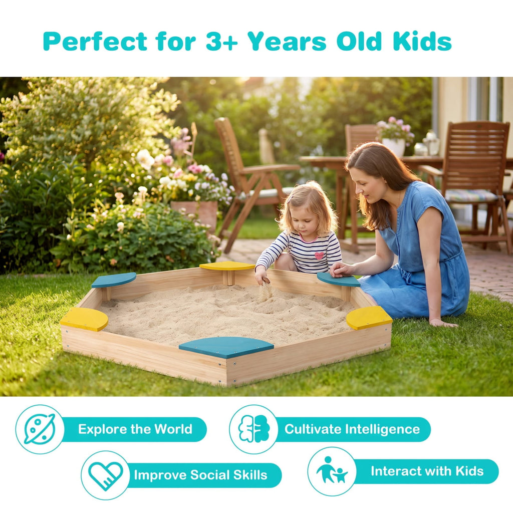 Redsmile Outdoor Solid Wood Sandbox with 6 Built-in Fan-shaped Seats for Kids Backyard Playground Summer Fun