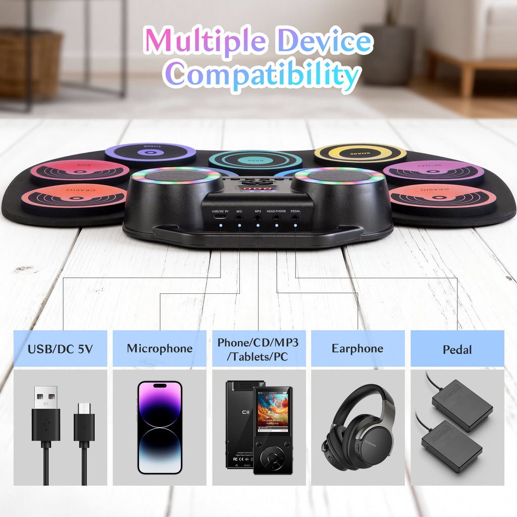Redsmile Electronic Drum Set Kit with 9 Pads and Bluetooth Dual Speakers for Kids and Adults,Portable Practice Kit for Beginners