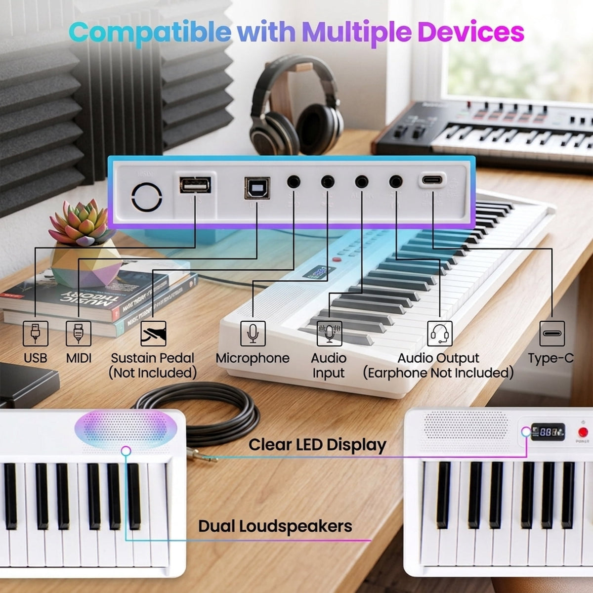 Redsmile 88-Key Foldable Electric Keyboard Piano with Wireless MIDI, Dual Speakers and Semi-Weighted Keys, Portable Digital Piano for Beginners, White