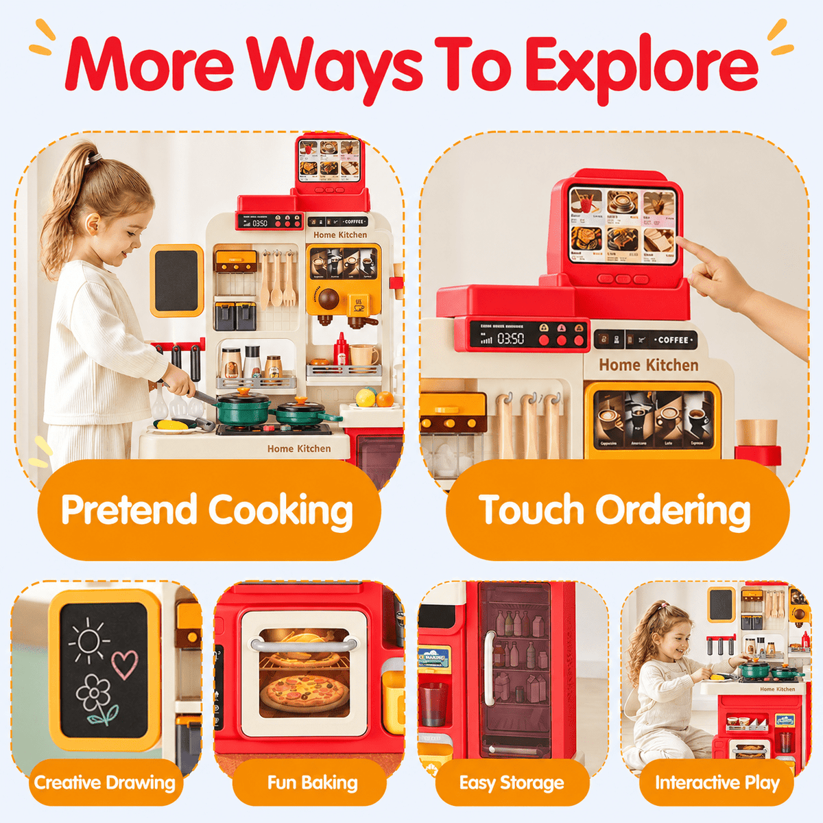 Redsmile Play Kitchen Set with Interactive Menu, Steam Stove, Ice Coffee Maker, Lights, Sounds Music, Apron Set and Food Cards,Pretend Play Toys Gifts for Kids,Red