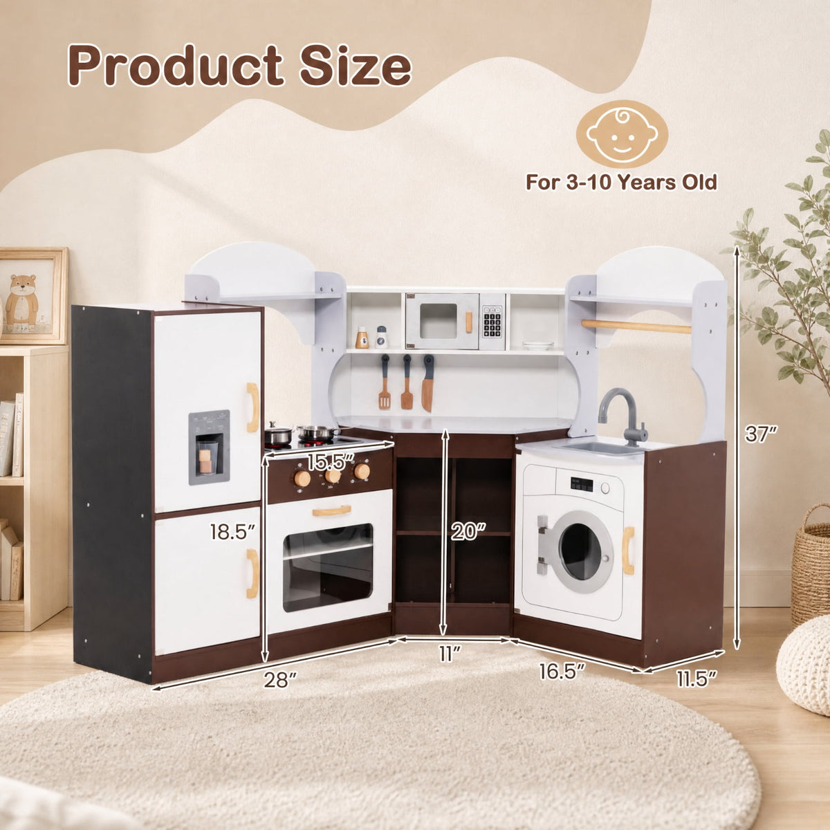 Redsmile Corner Toddler Kitchen Playset for Kids 3-10 Years, Pretend Play Kitchen Set with Ice Maker, Microwave Oven, Sink and Washing Machine, Hanging Hooks and Towel Rack, Fits 4 Kids, White