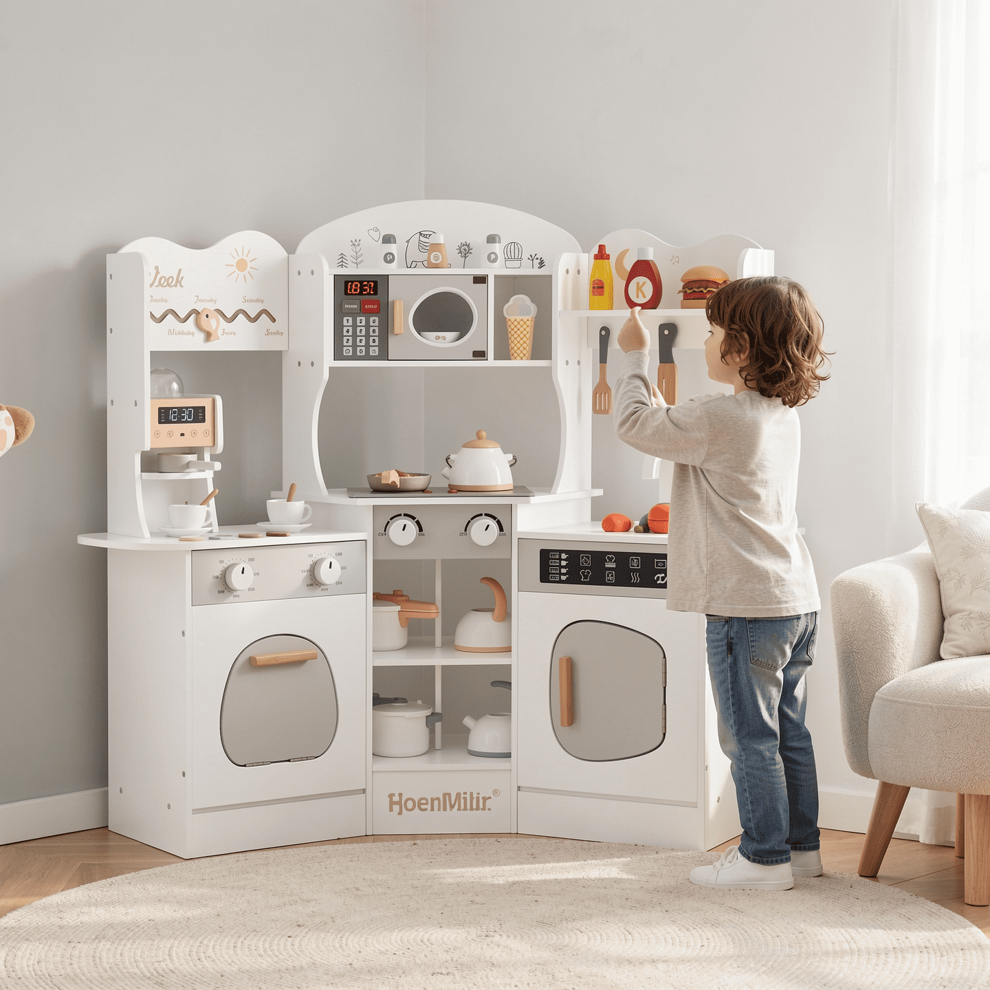 Redsmile Play Kitchen,Wooden Kids Corner Kitchen Playset with Coffee Maker and Slide,Pretend Play Toy with Realistic Lights and Sounds,Gift for Boys Girls Age 3-10,White