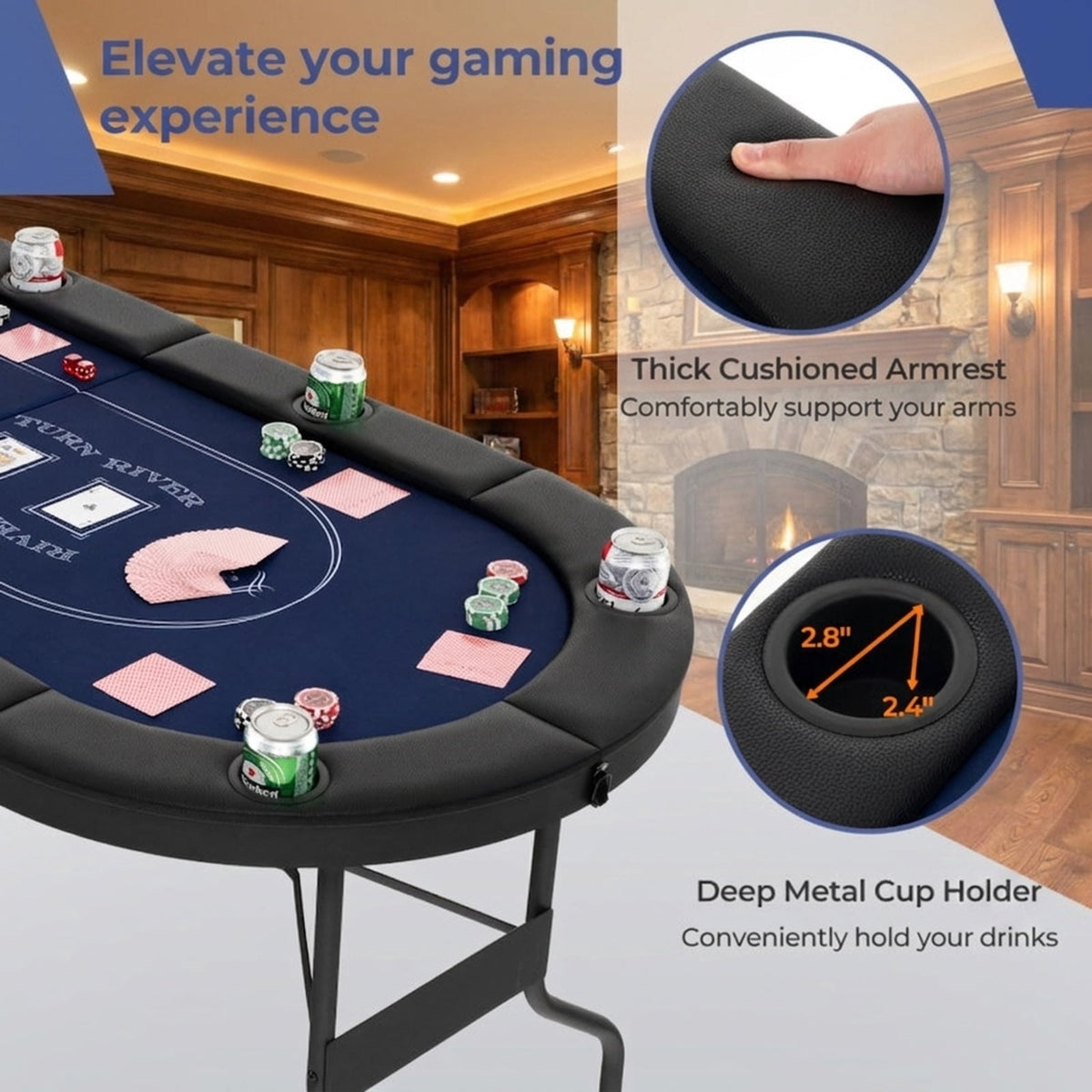 Redsmile 72 Inch Foldable Poker Table for 8 Players, Portable Oval Card Game Table with 8 Cup Holders, Folding Poker Table with PU Leather Armrests for Home Party Camping, Black and Blue