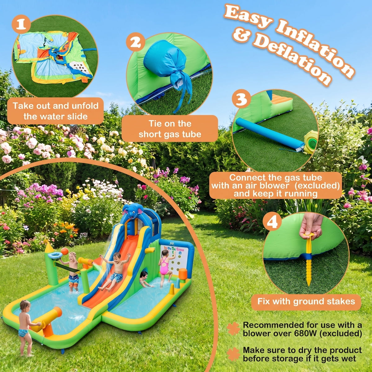 Redsmile Inflatable Water Slide with Splash Pool and Climbing Wall for Oudoor Indoor without Blower