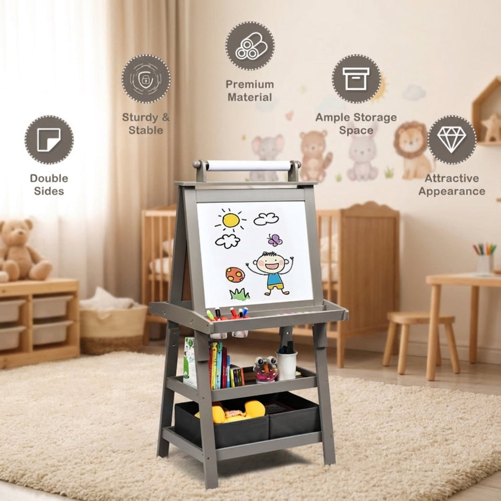 Redsmile 3-in-1 Double-Sided Kids Art Easel with Paper Roll and Storage Bins, Art Easel for Kids, Standing Easel, Double Sided Easel for Toddlers Boys Girls, Christmas Birthday Gift, Gray