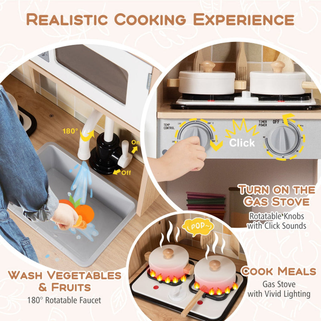 Redsmile Play Kitchen,Wooden Kids Kitchen Playset with Ice Maker,Oven,Realistic Lights and Sounds,Pretend Play Toy Kitchen,Gift for Girls Boys Ages 3-10,White