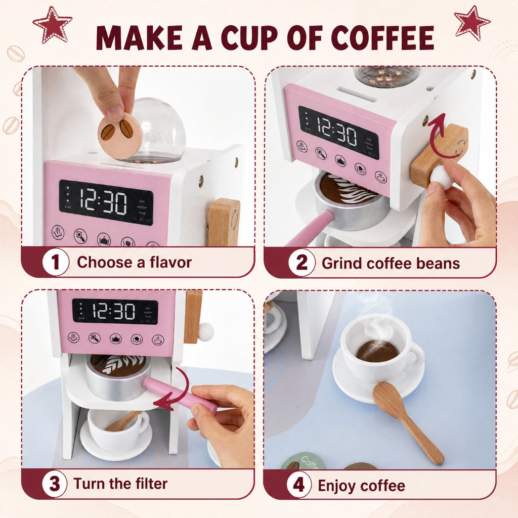 Redsmile Corner Wooden Play Kitchen Set for Kids 3+ Years, Pretend Play Kitchen with Coffee Machine, Slide, Light-Up Microwave, Stoves, Washing Machine and 20 Accessories, Pink