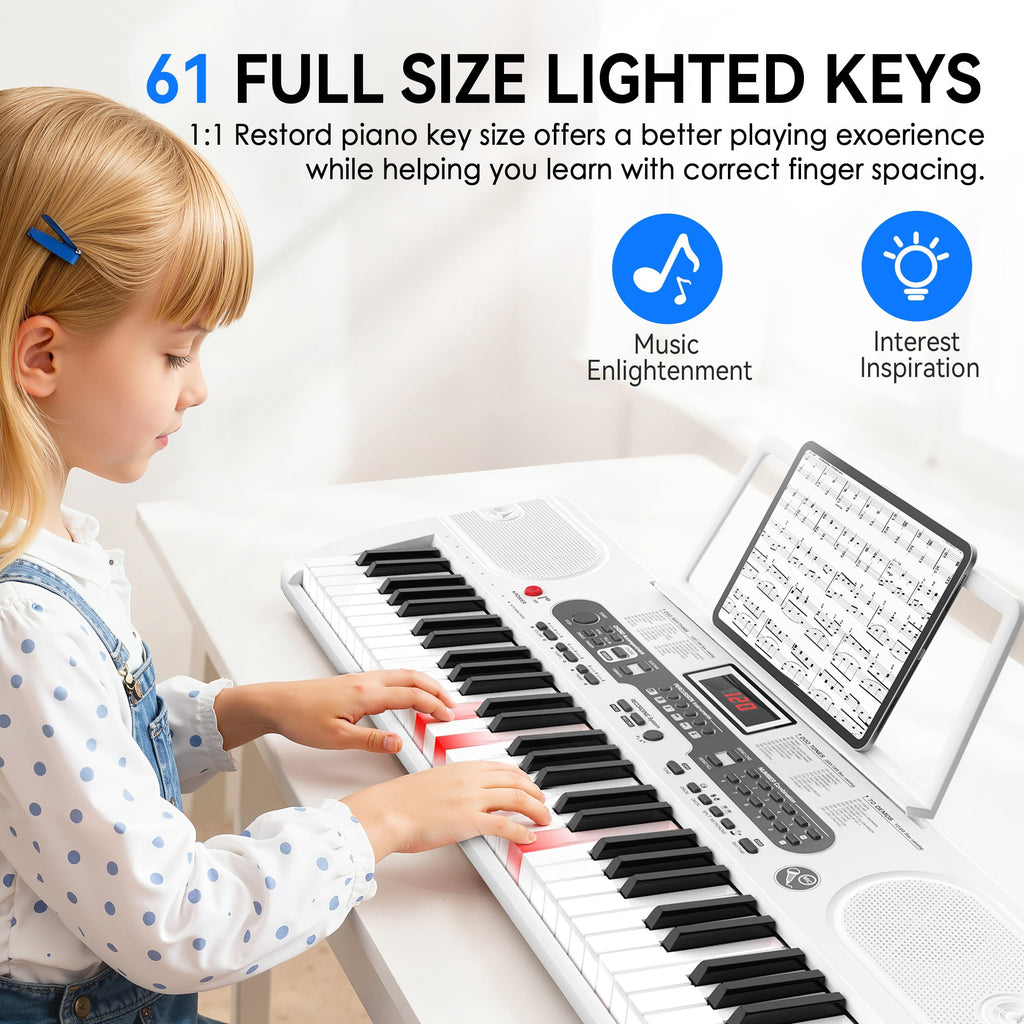 Redsmile 61-Key Piano Keyboard with Lighted Keys, Stand, Bench, Microphone, Headphone, Electronic Keyboard Piano Set, White