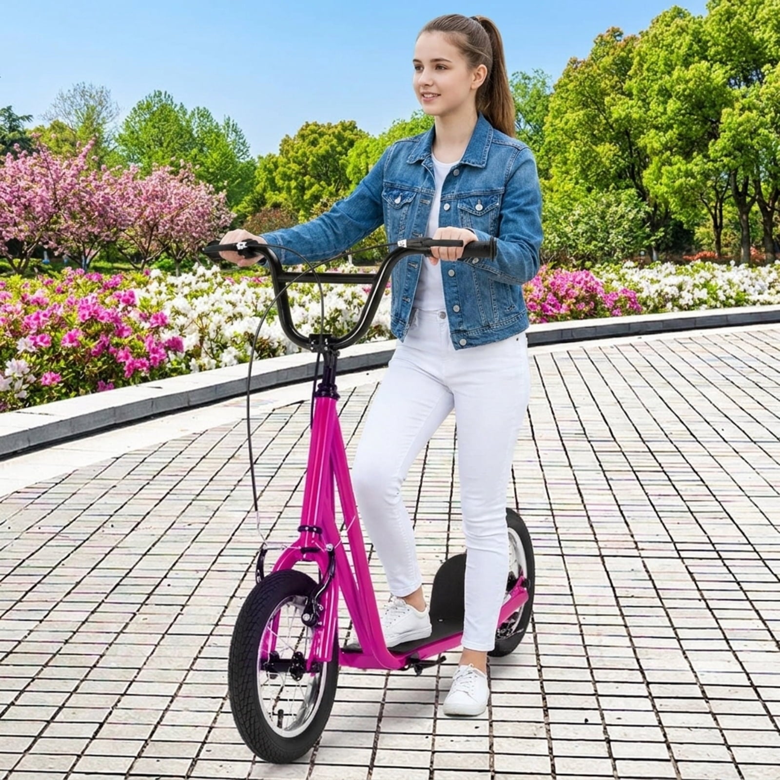 Redsmile Kids Scooter with 12 Inch Air Wheel, Height Adjustable Kick Scooter Holds 165 lb for Big Kids and Teens, Pink