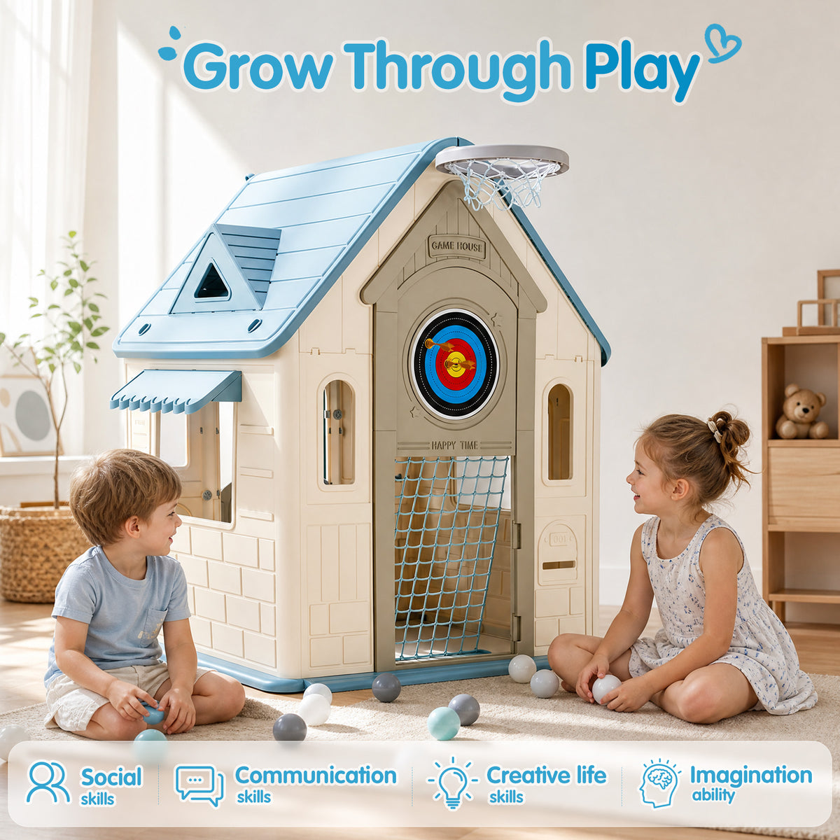 Redsmile Playhouse with Basketball Hoop,Soccer Goal,Dartboard,Ring Toss Game and DIY Stickers,Activity Center Game House for Indoor Outdoor,Gift for Girls Boys