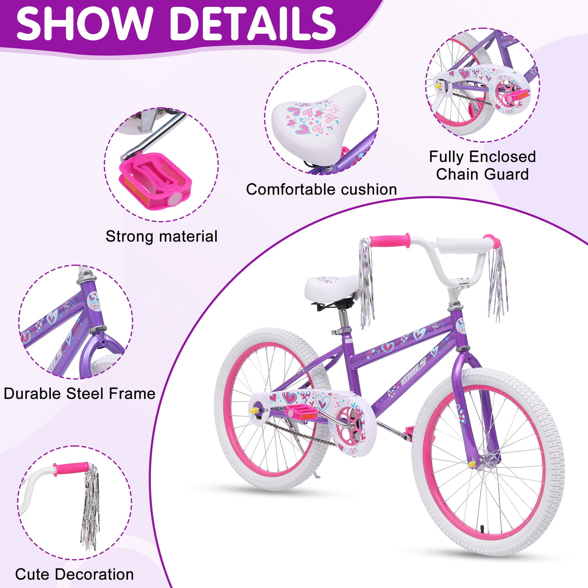 Redsmile 20 in. Kids Bike, Bicycle for Girls and Boys Ages 6-12 Years, Purple