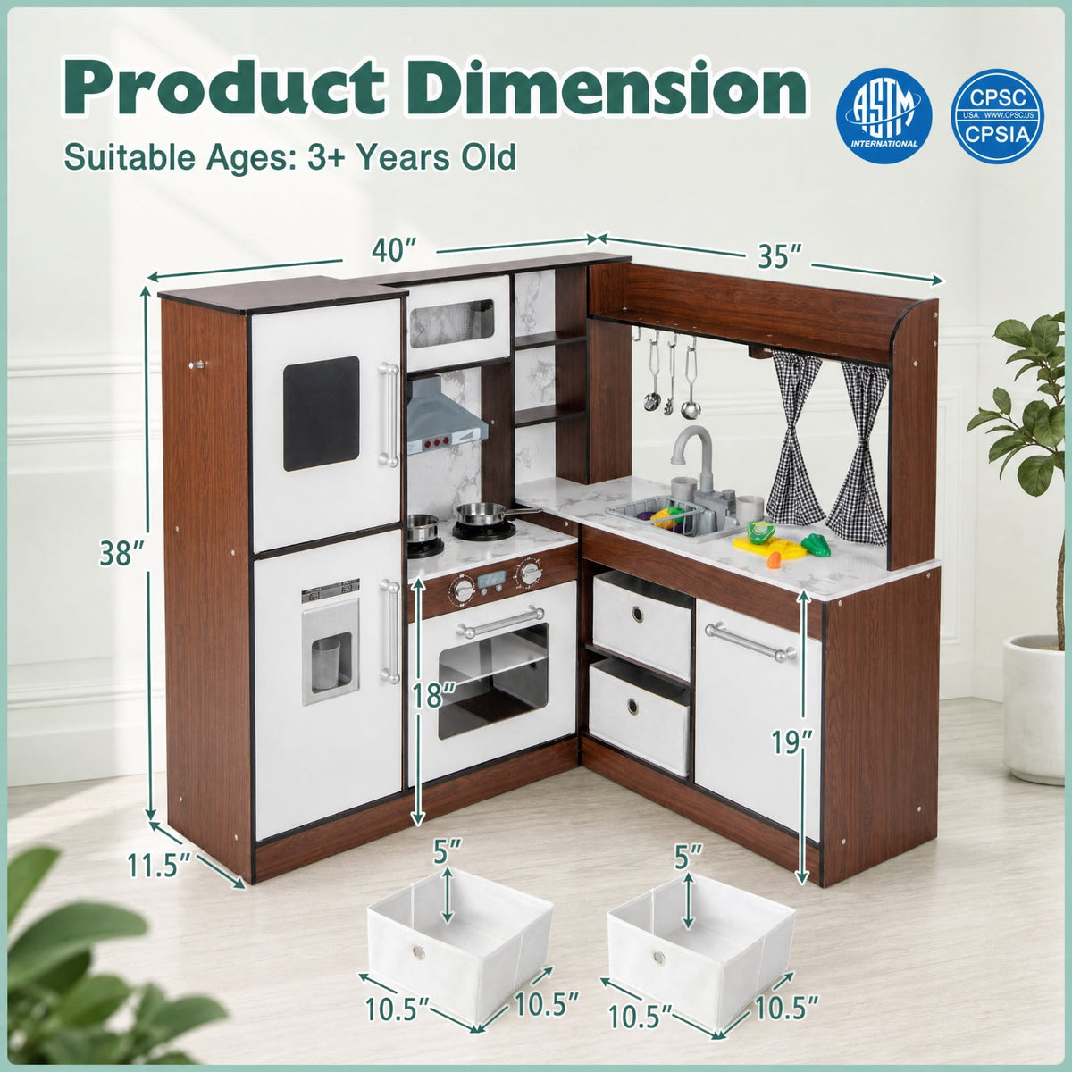 Redsmile Wooden Corner Play Kitchen Set for Toddlers 3+ Years, Pretend Play Kitchen with Water Circulation System, 360 Faucet, Sound and Light Range Hood, Ice Maker and Fabric Bins, Brown