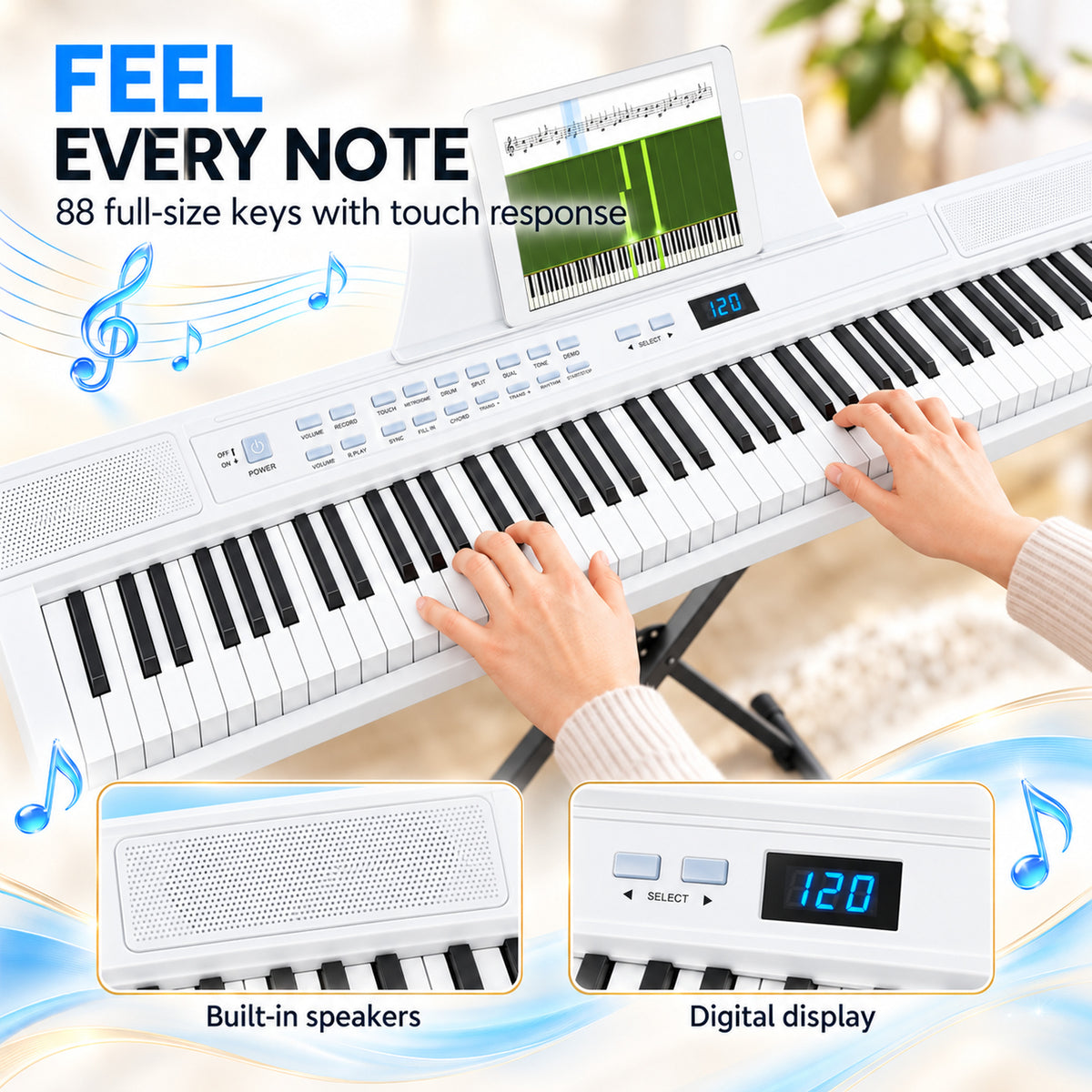 Redsmile Piano Keyboard 88 Keys Digital Piano with 128 Tones, Stand and Pedal, White