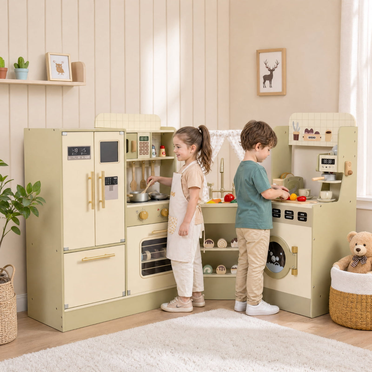 Redsmile Kids Corner Play Kitchen Set for Toddlers 3+ Years, Pretend Play Kitchen with Faucet, Dishwasher, 2 Stoves, Coffee Machine, Refrigerator, Blackboard and 21 Accessories, Green