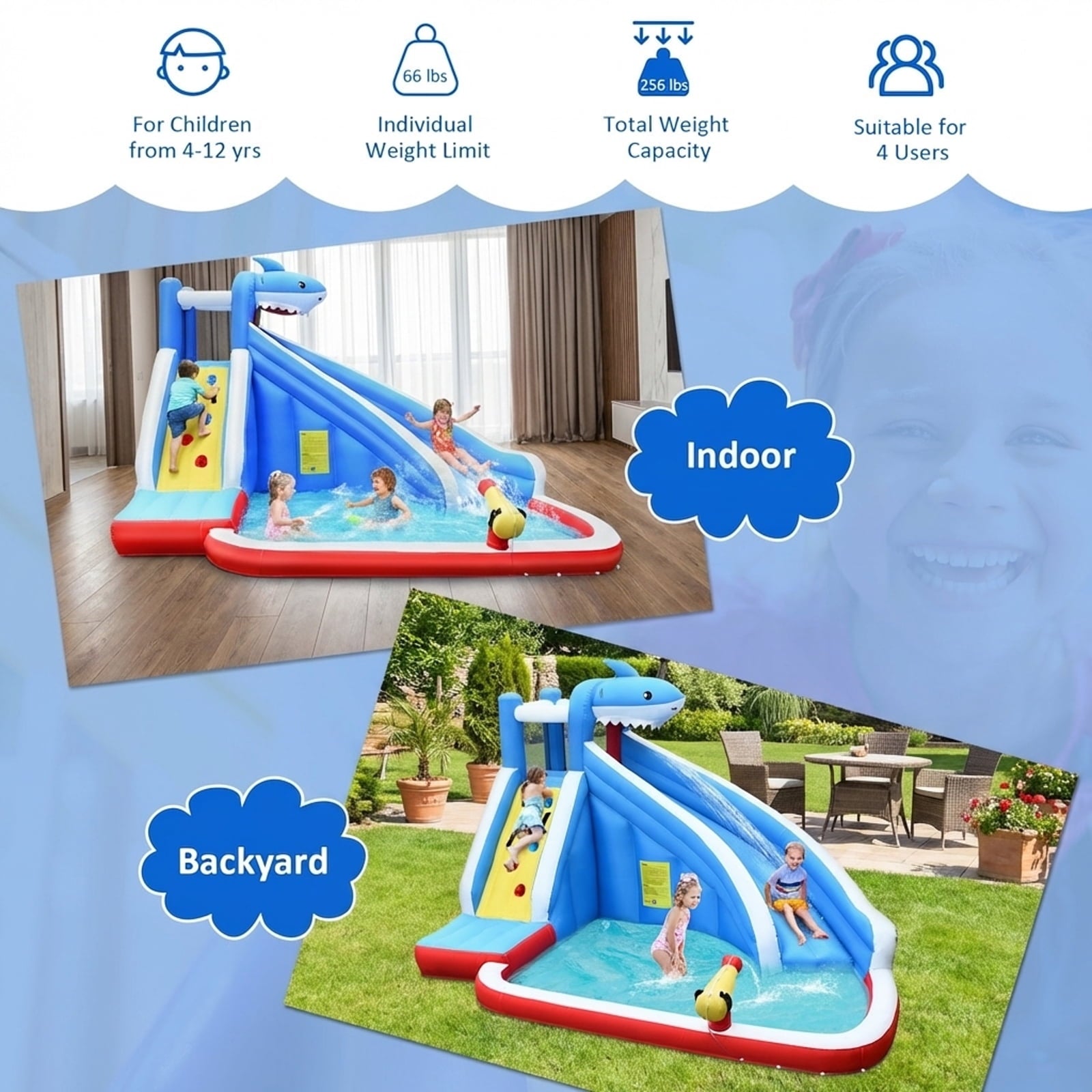 Redsmile 4-in-1 Inflatable Water Slide Park with Splash Pool Climbing Wall Water Cannon for Kids Aged 4-12 Outdoor Backyard Water Play - Multicolor