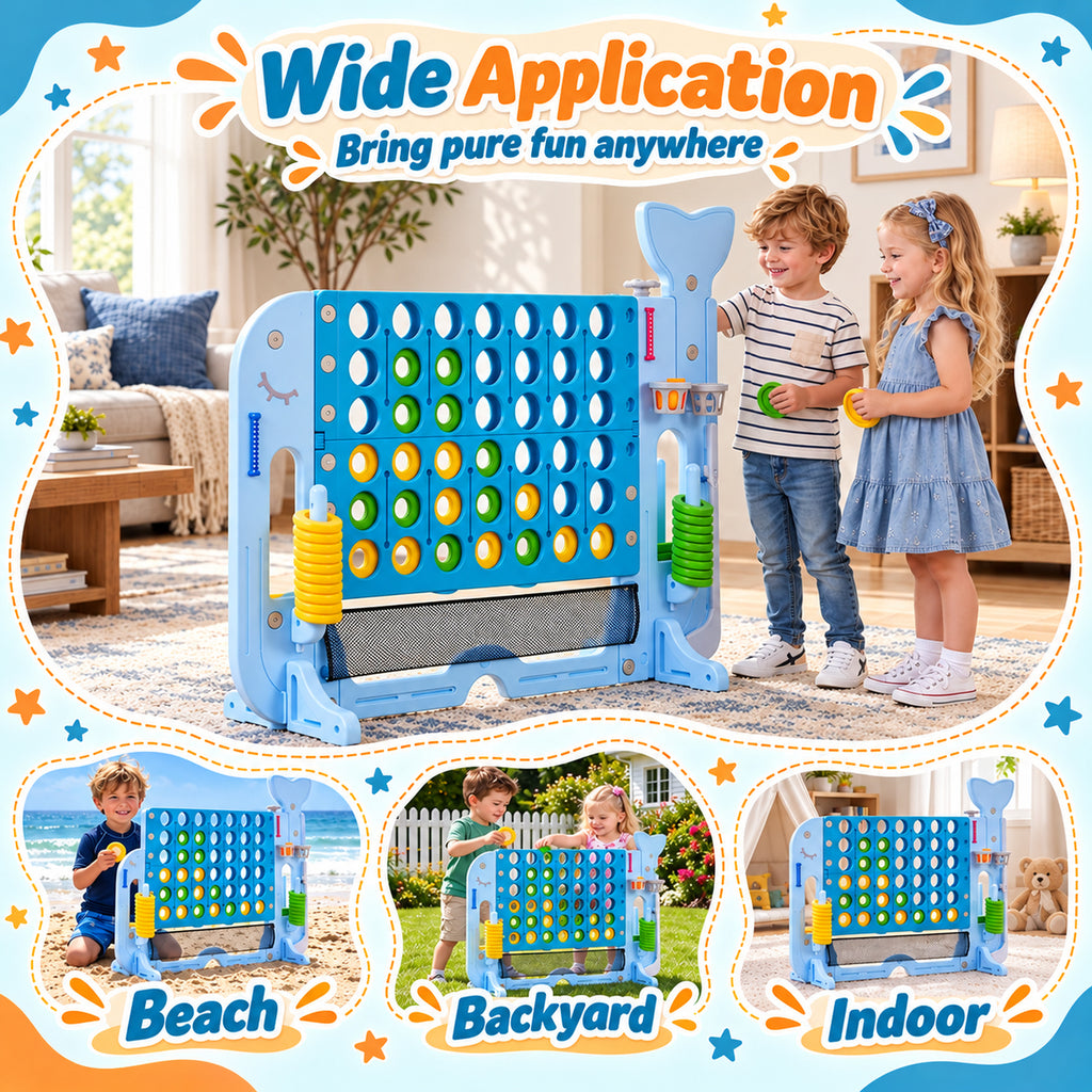 Redsmile Giant 4 in a Row Yard Game Set, 4-in-1 Outdoor Games for Kids and Adults with Basketball Hoop, Golf and Ring Toss, Adjustable Height Lawn Game for Backyard Party, Blue