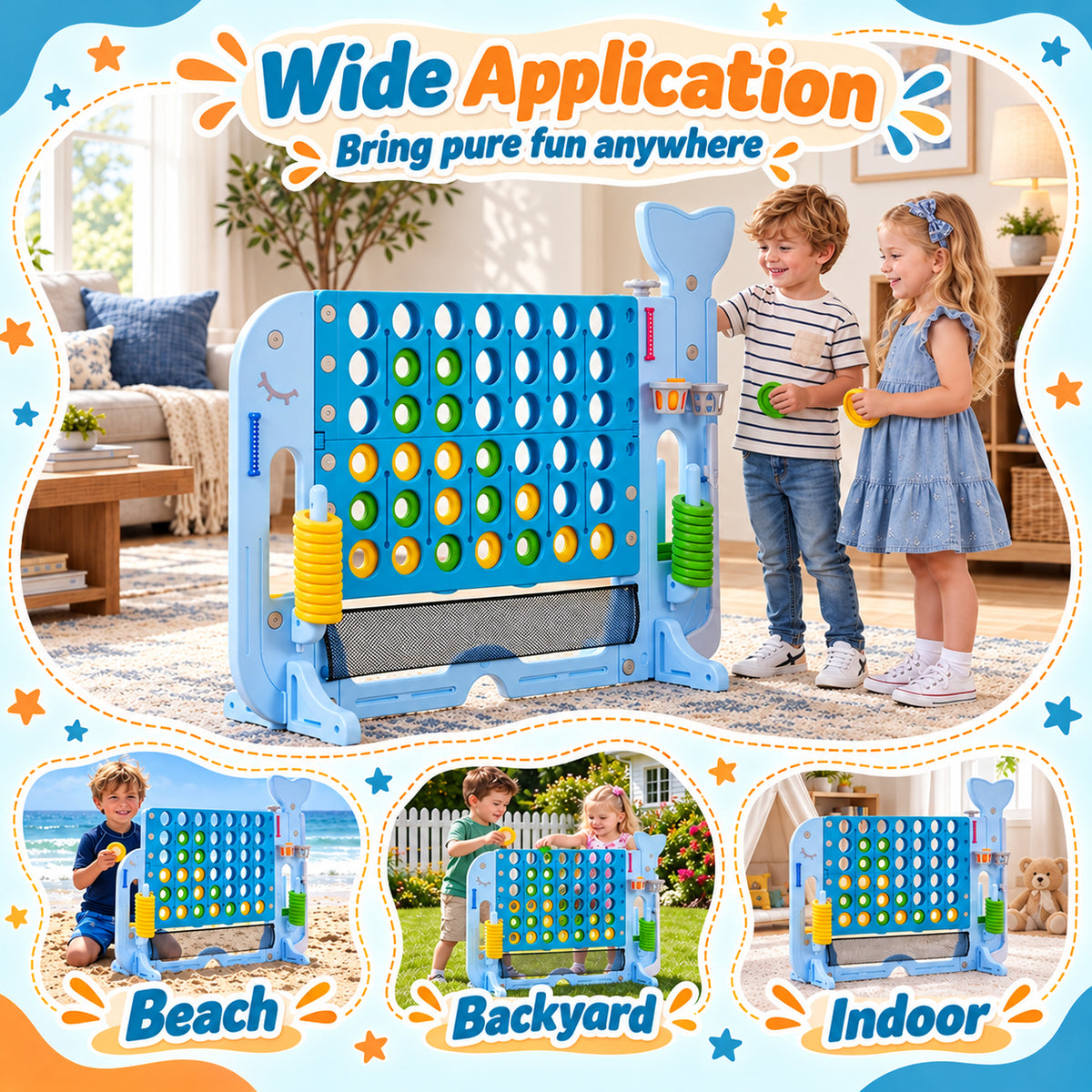 Redsmile Giant 4 in a Row Yard Game Set, 4-in-1 Outdoor Games for Kids and Adults with Basketball Hoop, Golf and Ring Toss, Adjustable Height Lawn Game for Backyard Party, Blue