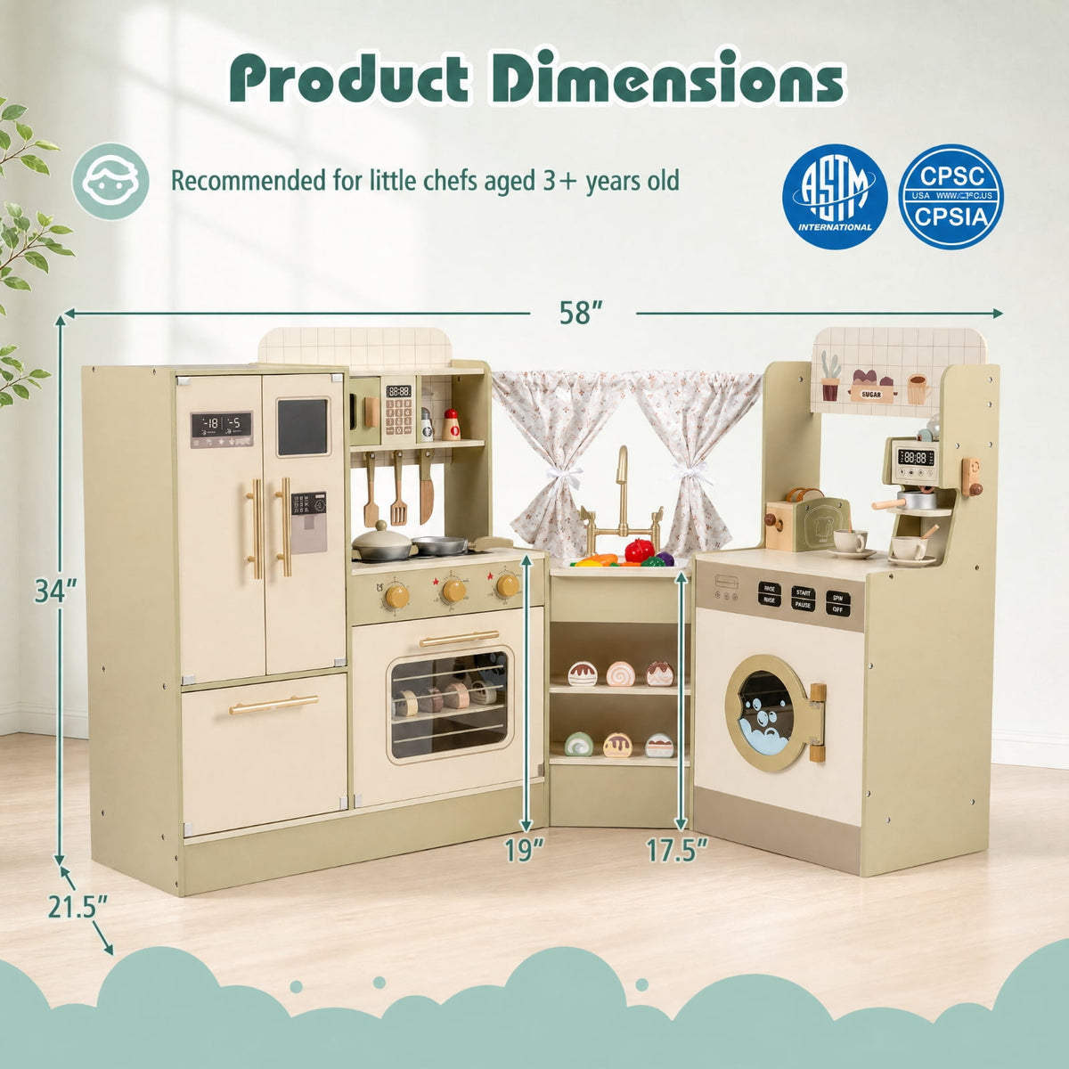Redsmile Kids Corner Play Kitchen Set for Toddlers 3+ Years, Pretend Play Kitchen with Faucet, Dishwasher, 2 Stoves, Coffee Machine, Refrigerator, Blackboard and 21 Accessories, Green
