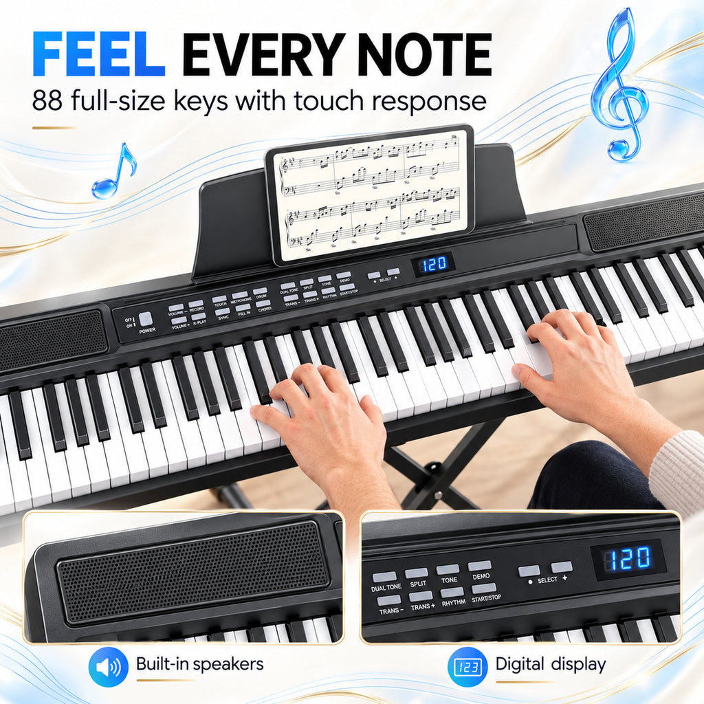 Redsmile Piano Keyboard 88 Keys Digital Piano with 128 Tones, Stand and Pedal, Black