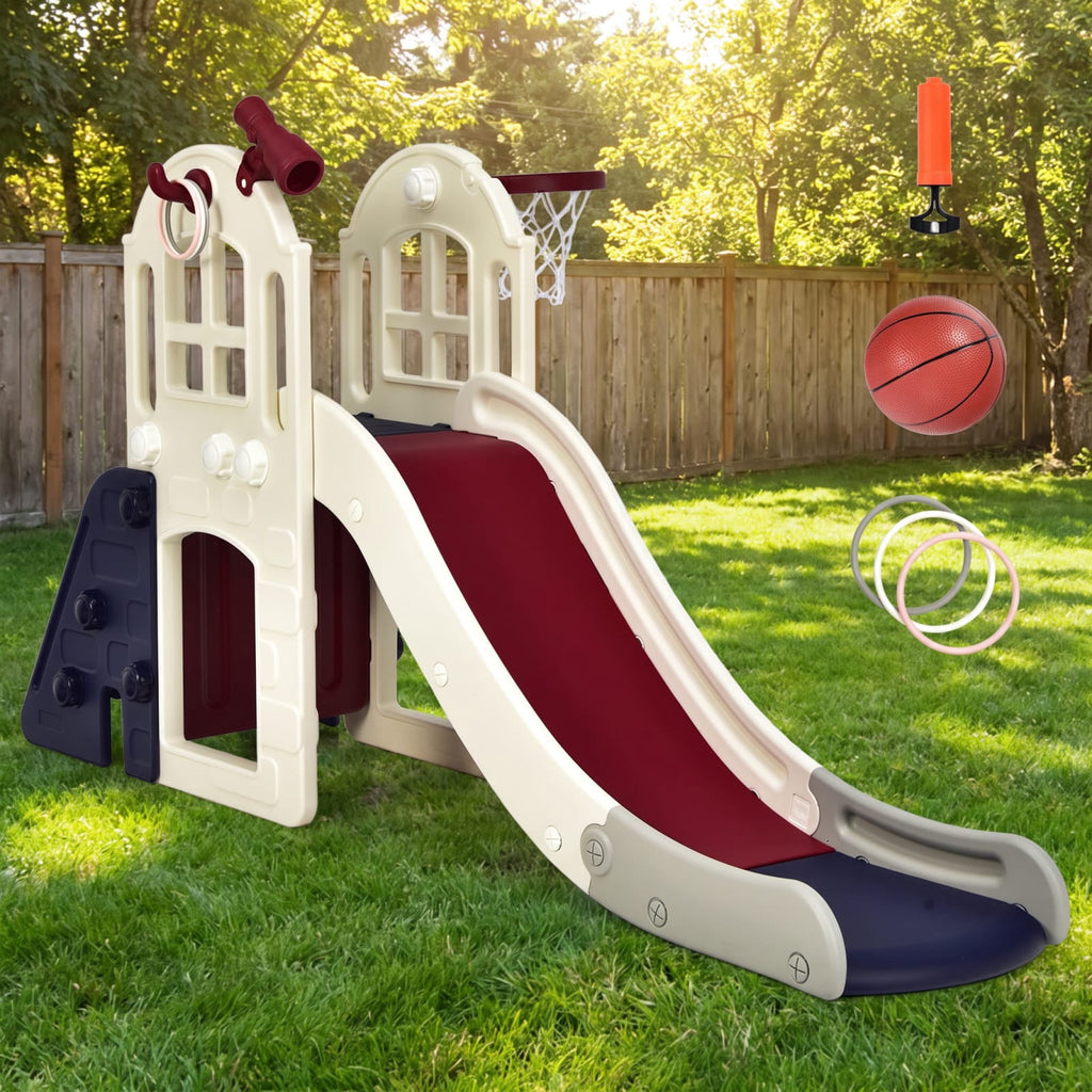 Redsmile 6-In-1 Large Slide for Kids Toddler Climber Slide Playset with Basketball Hoop for Kids 3+ Years Old, Blue