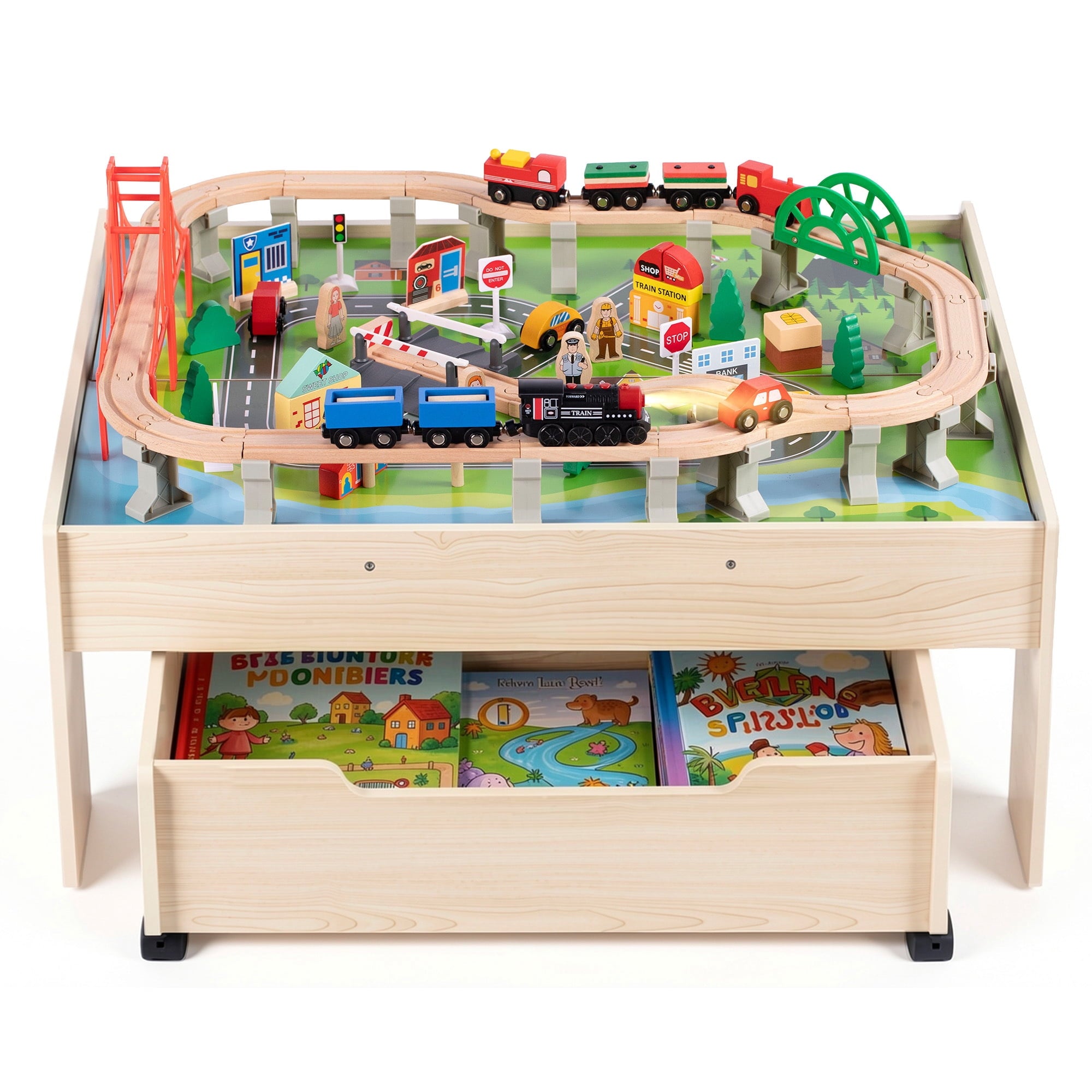 Redsmile Train Table with Electric Train,100 Pcs Multicolor Wooden Kids Activity Table with Rolling Storage Drawer for Gaming, Drawing, Reading,Creative Toy Set for Boys and Girls