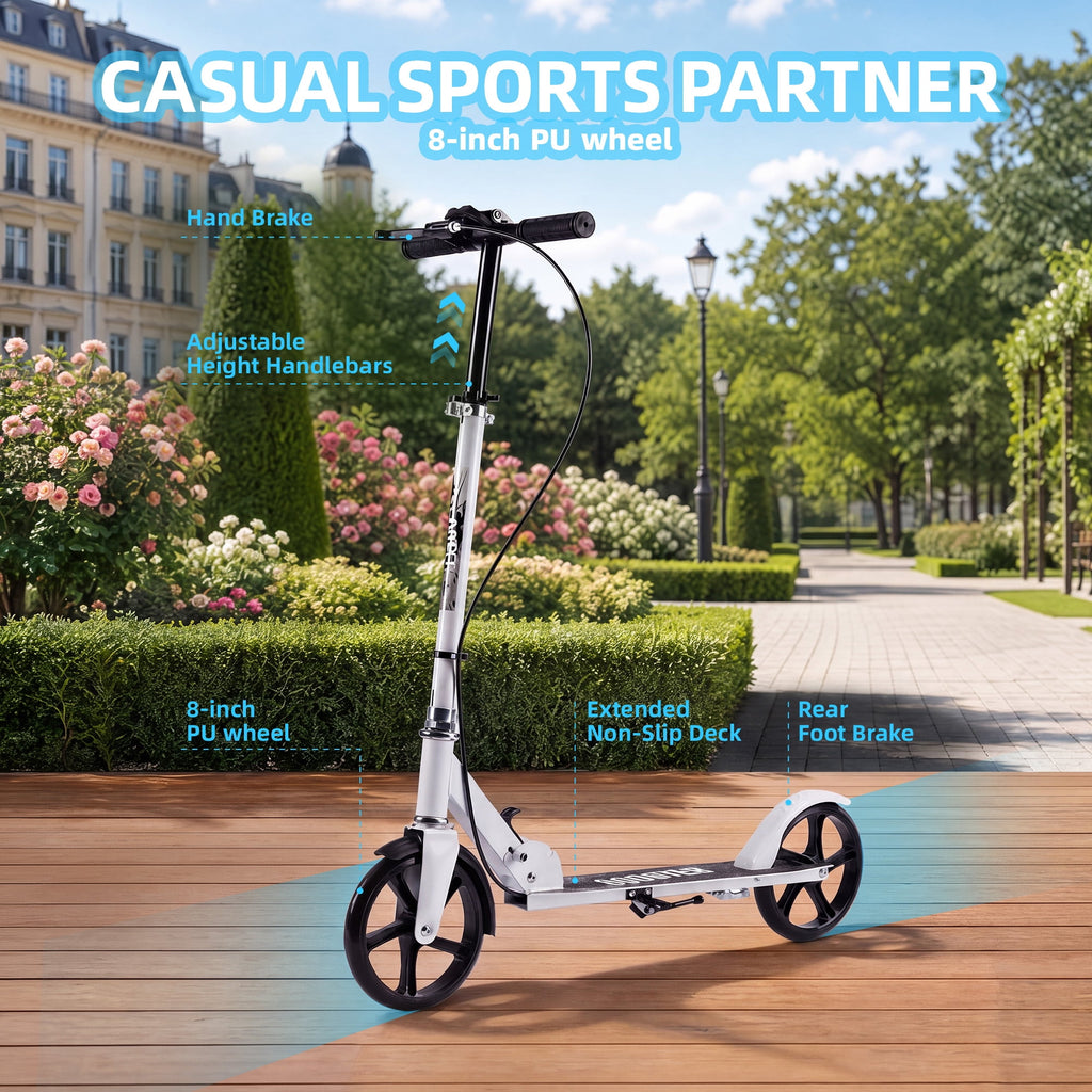 Redsmile Kick Scooter with 3 Adjustable Levels,Folding Commuter Scooter with Dual Brakes and 8 Inch Big Wheels for Teens and Adults,White