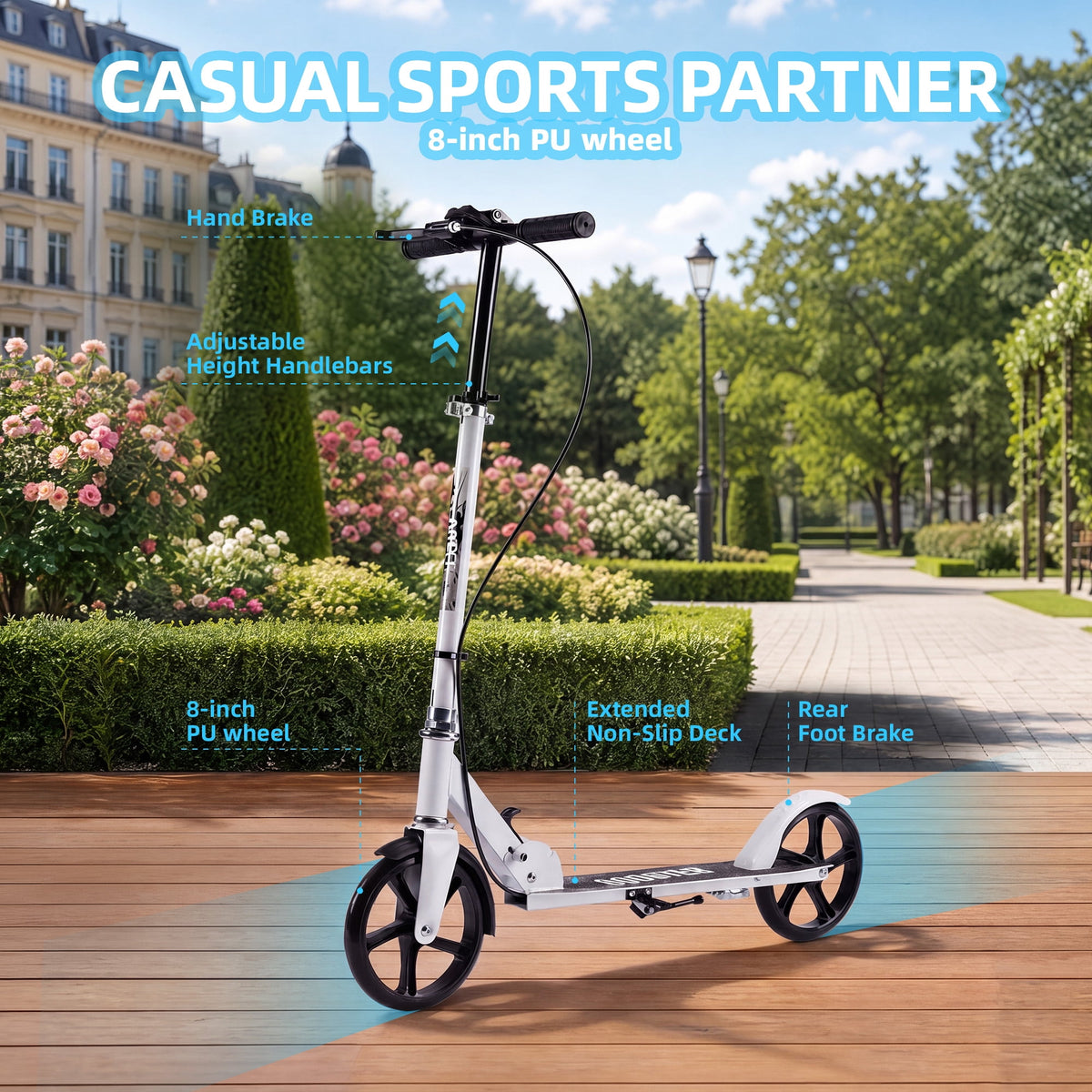Redsmile Kick Scooter with 3 Adjustable Levels,Folding Commuter Scooter with Dual Brakes and 8 Inch Big Wheels for Teens and Adults,White