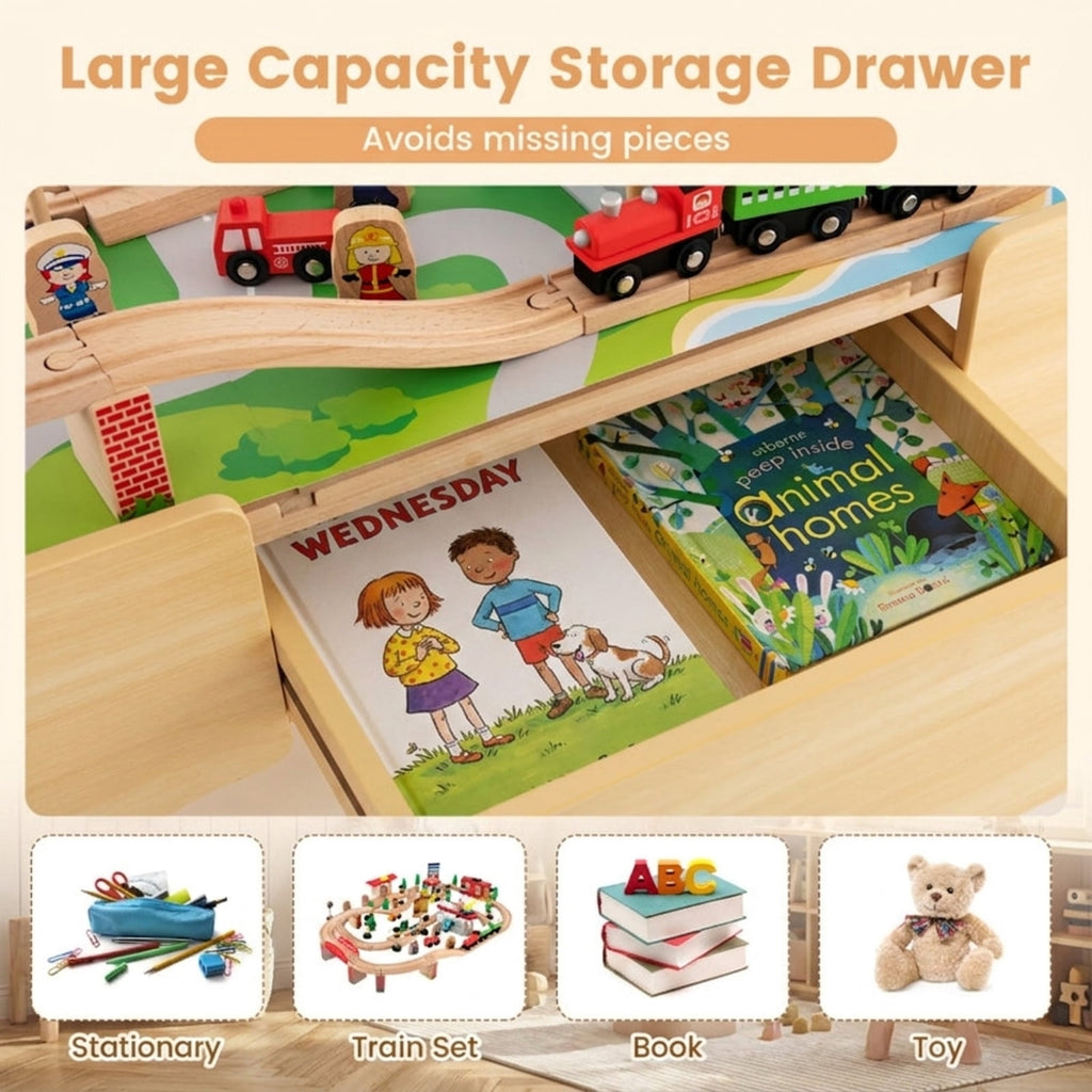 Redsmile 84-Piece Wooden Train Set with Reversible Tabletop and Storage Drawer, Train Set for Kids, Toy Train Set, Train Table with Storage for Toddlers Boys Girls, Christmas Gift, Natural