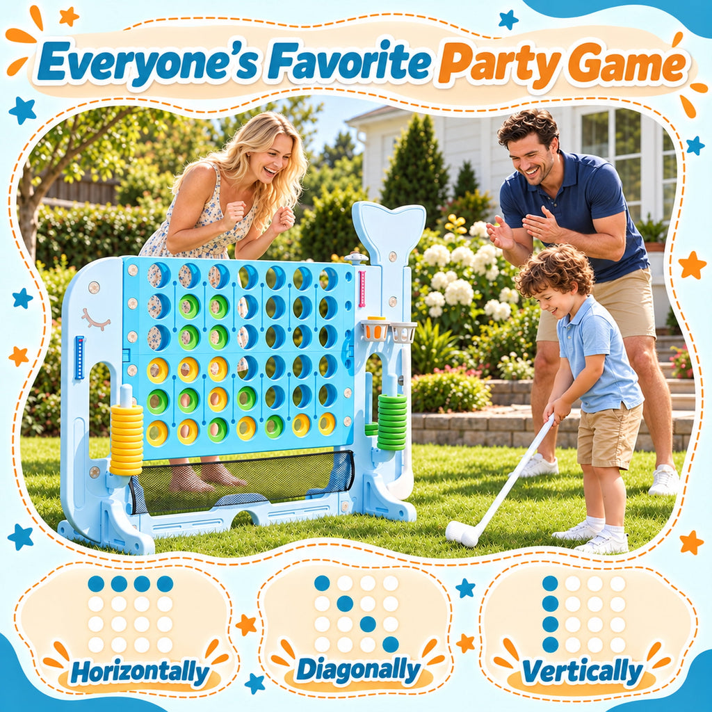 Redsmile Giant 4 in a Row Yard Game Set, 4-in-1 Outdoor Games for Kids and Adults with Basketball Hoop, Golf and Ring Toss, Adjustable Height Lawn Game for Backyard Party, Blue