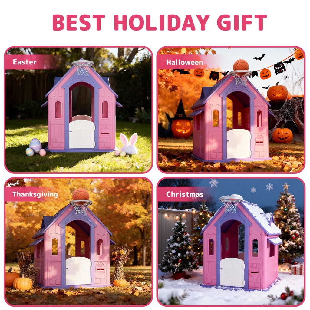 Redsmile Playhouse for Kids,Kids Playhouse with Basketball Ring Toss Play and DIY Stickers, Activity Center Game House for Indoor Outdoor,Gift for Girls Boys