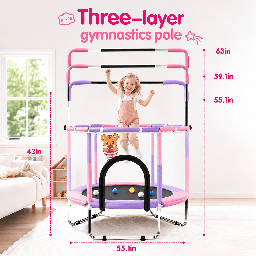 Redsmile 55 Inch Trampoline for Kids with Safety Net, 3-Level Adjustable Height, 500lb Capacity Indoor and Outdoor Jumper with Basketball Hoop for Boys and Girls, Pink