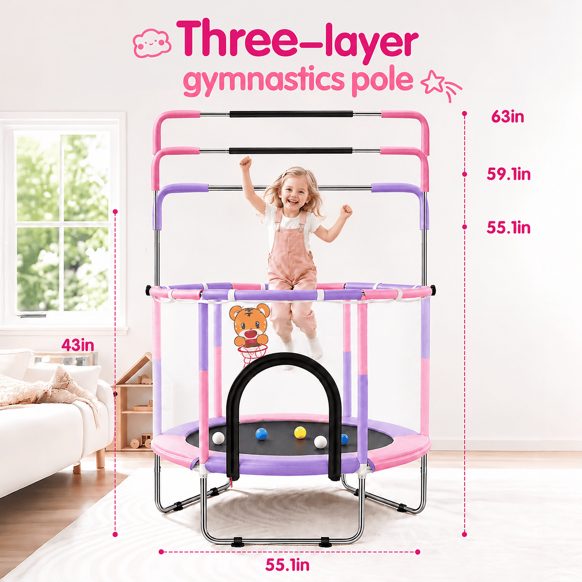 Redsmile 55 Inch Trampoline for Kids with Safety Net, 3-Level Adjustable Height, 500lb Capacity Indoor and Outdoor Jumper with Basketball Hoop for Boys and Girls, Pink
