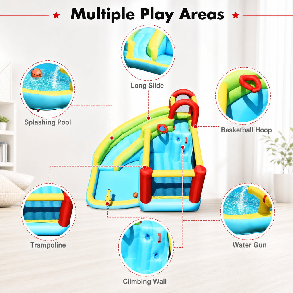 Redsmile 6-in-1 Inflatable Bounce House with Slide, Climbing Wall and Basketball Hoop, Backyard Water Slide for Kids, Splash Pool with Sprinkler for Boys Girls (Without Blower)
