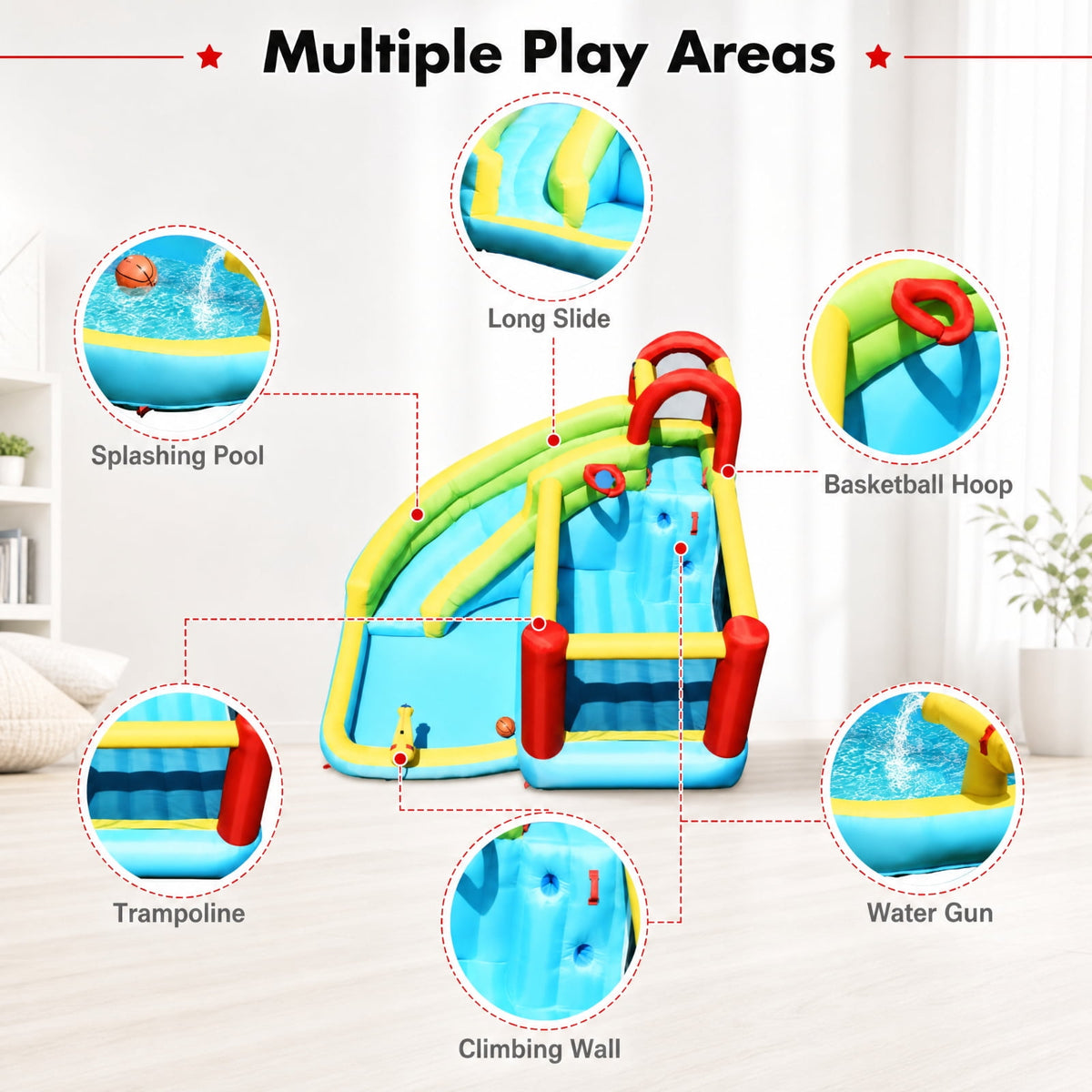 Redsmile 6-in-1 Inflatable Bounce House with Slide, Climbing Wall and Basketball Hoop, Backyard Water Slide for Kids, Splash Pool with Sprinkler for Boys Girls (Without Blower)