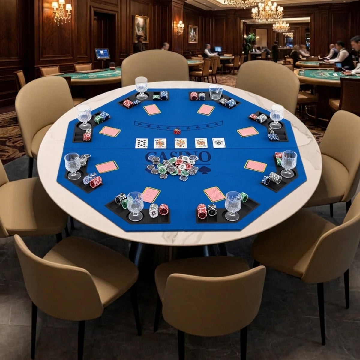 Redsmile 48 Inch 8-Player Foldable Poker Table Top with Carrying Bag, Portable Round Card Game Table Topper with 8 Cup Holders and Chip Trays for Texas Holdem Home Party, Blue