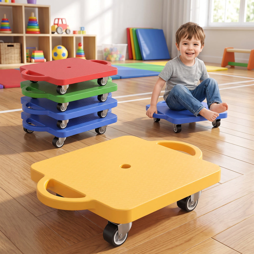 Redsmile 4-Pack Sitting Scooter Boards with Handles and Swivel Wheels, Indoor Active Play Set in Red, Yellow, Blue and Green