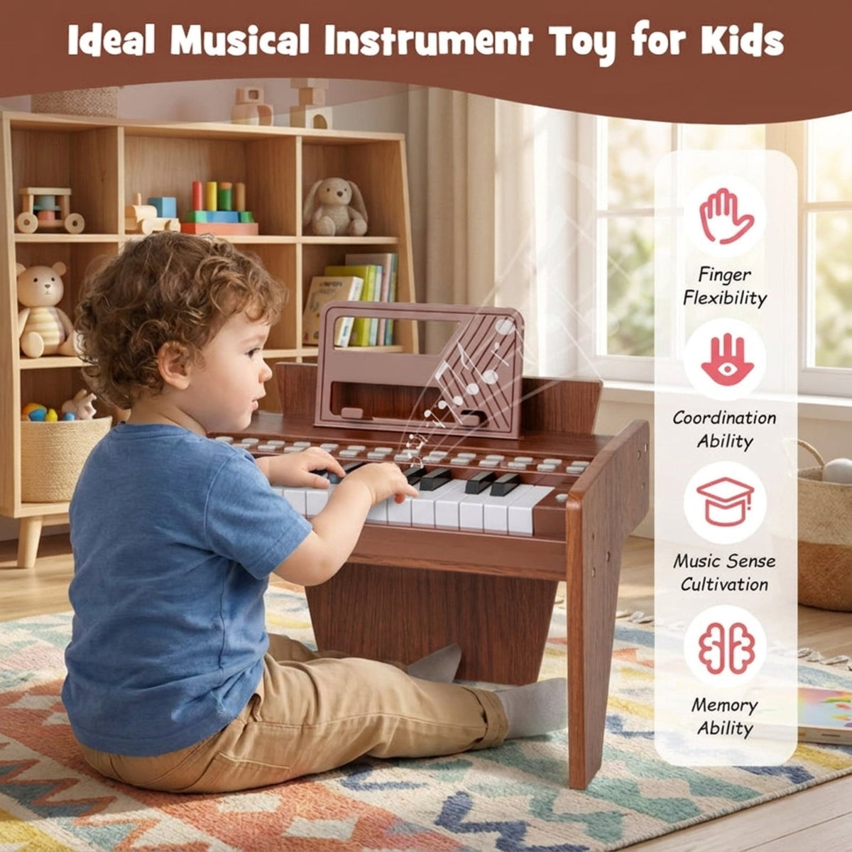 Redsmile 25 Key Kids Piano Keyboard with Record Playback and Adjustable Speed for Beginners Ages 3 and Up, Brown