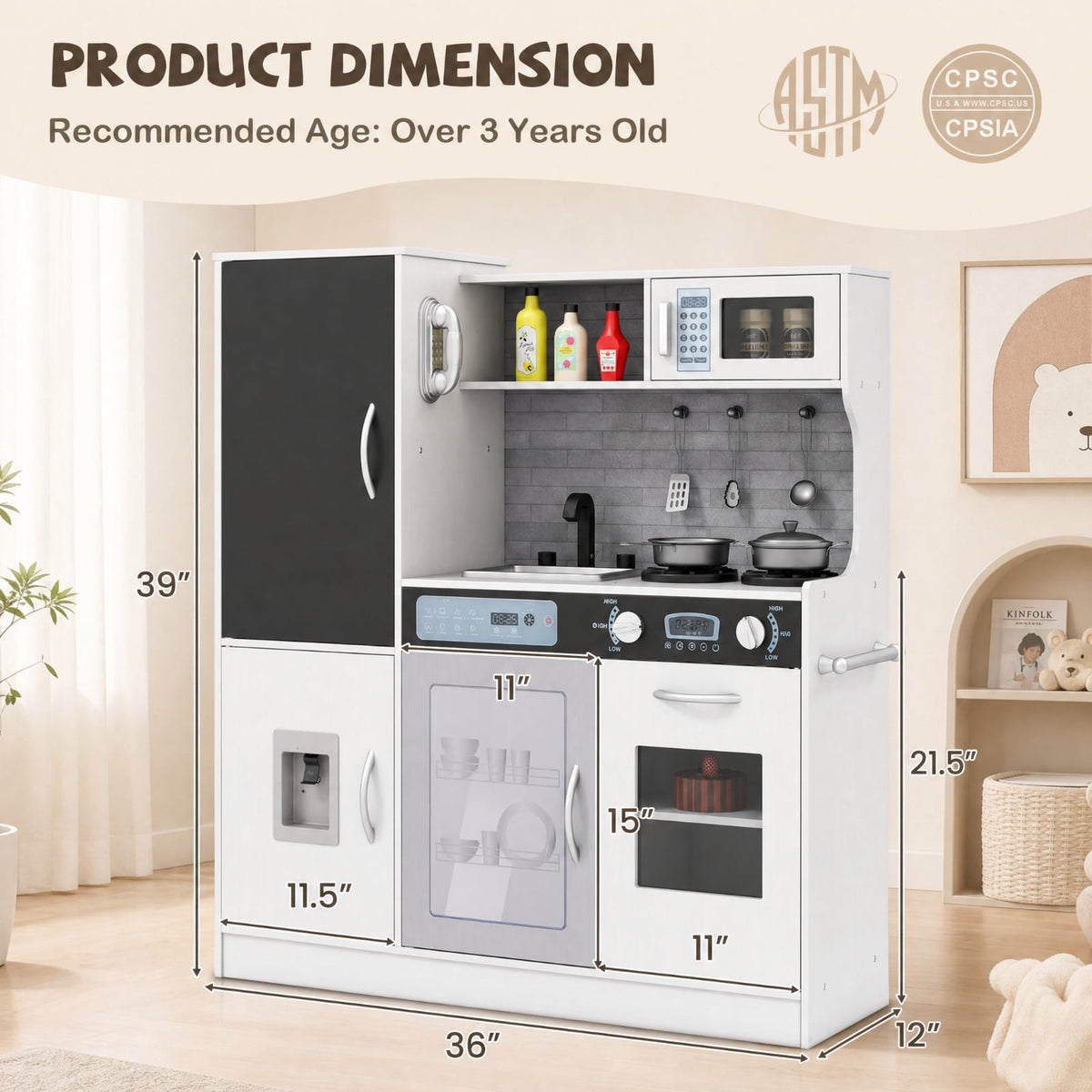 Redsmile Pretend Play Kitchen Set for Kids 3+ Years, Toddler Kitchen Playset with Light-Up Stove, Sound Water Dispenser, Dishwasher, Oven, Chalkboard and Utensils, Christmas Gift, Silver