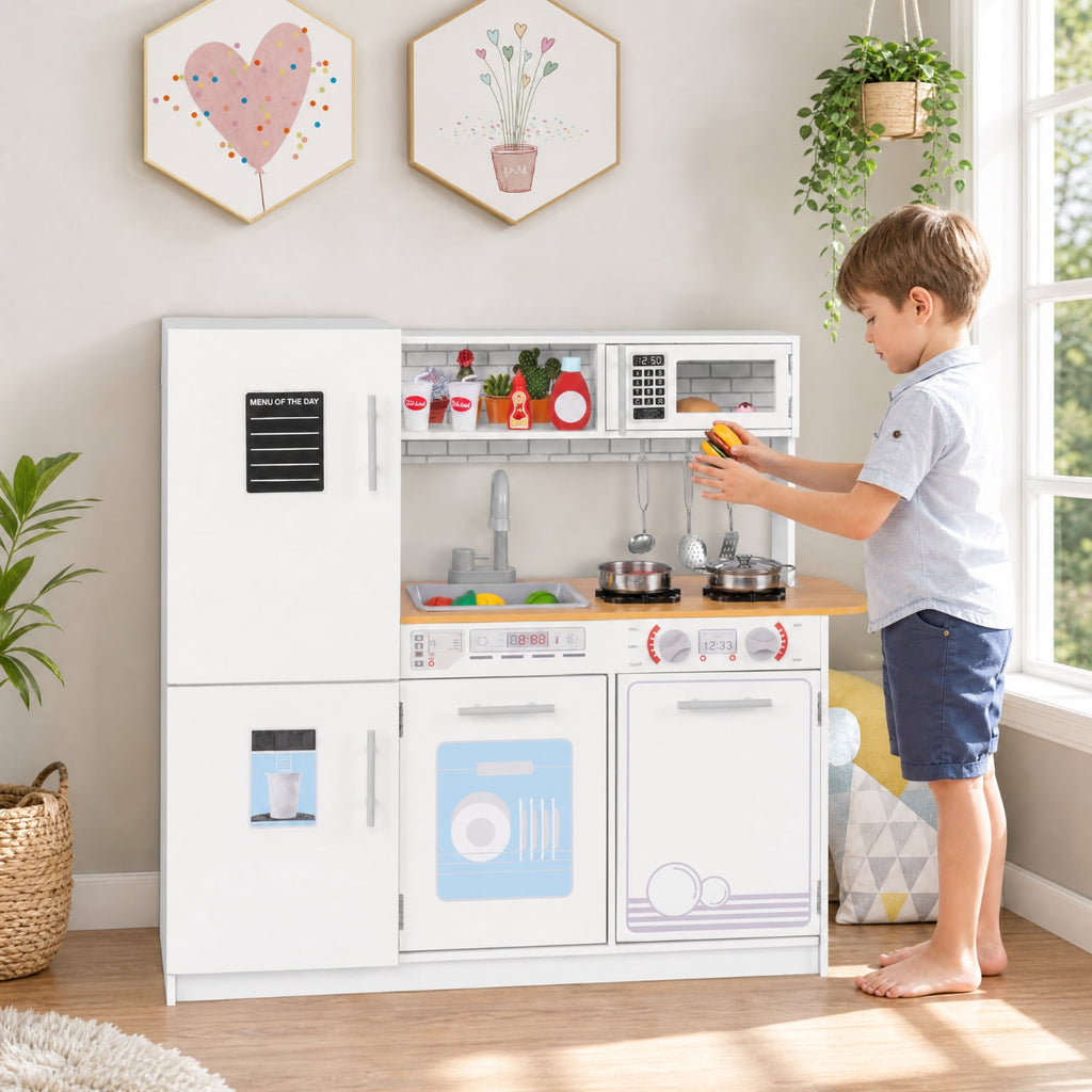 Redsmile Toddler Pretend Play Kitchen Set for Boys and Girls 3+ Years, Kids Kitchen Playset with Removable Sink, Stove, Microwave, Oven, Water Dispenser, Blackboard and Cookware, Gift, White
