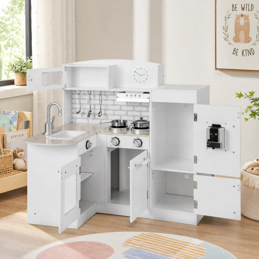Redsmile Kids Play Kitchen Set for Toddlers 3+ Years, L-Shaped Corner Pretend Play Kitchen with Realistic Microwave, Oven, Stove, Water Dispenser, Range Hood and Side Refrigerator, White