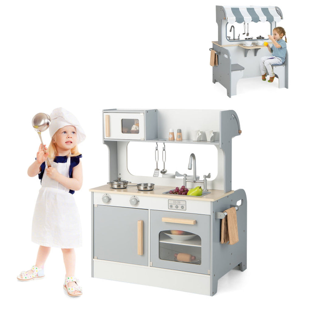 Redsmile Double-sided Pretend Play Kitchen,Wooden Kids Kitchen Playset with 2-Seat Cafe,Microwave,Oven,with Realistic Lights and Sounds,Gift for Girls Boys Ages 3-10,Gray