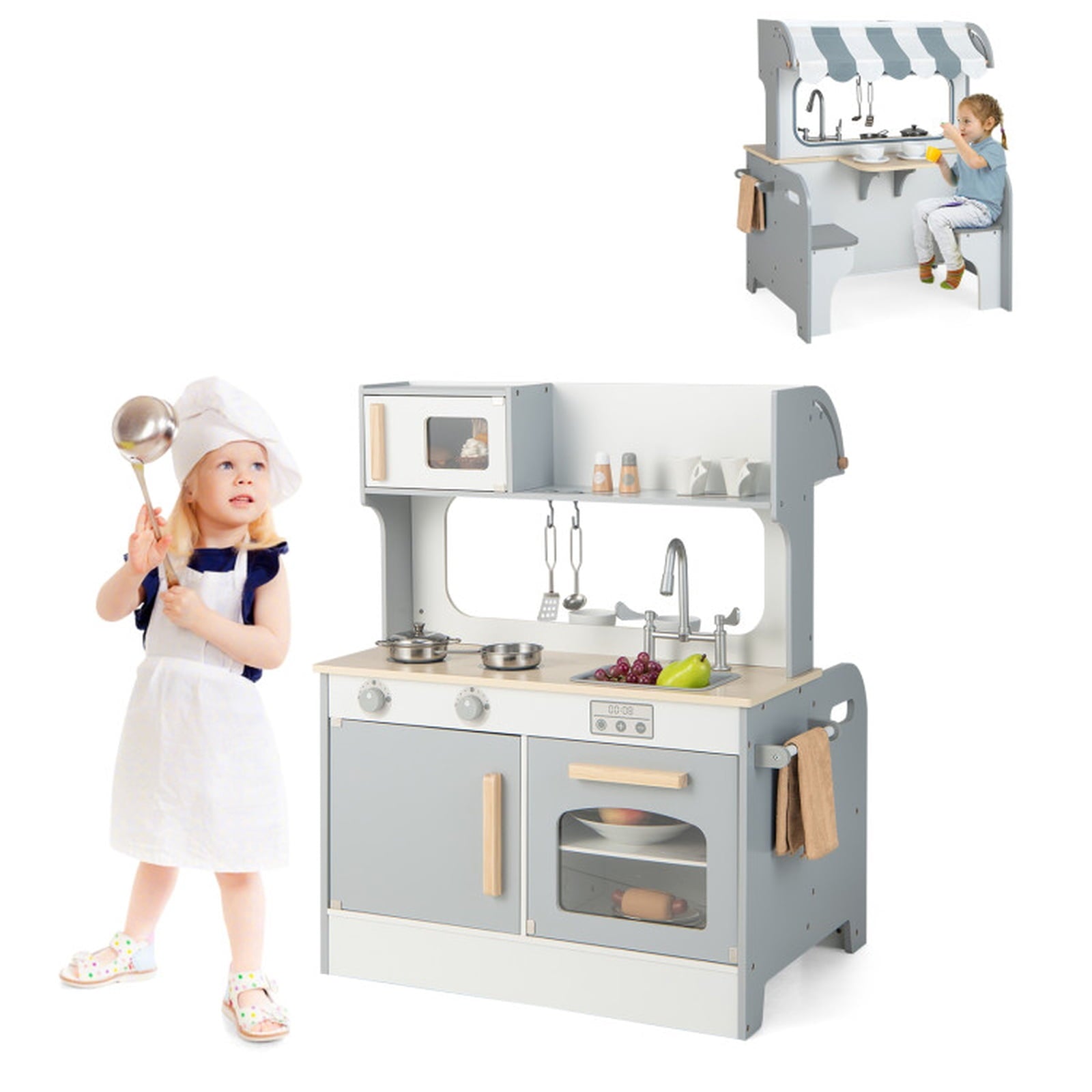 Redsmile Double-sided Pretend Play Kitchen,Wooden Kids Kitchen Playset with 2-Seat Cafe,Microwave,Oven,with Realistic Lights and Sounds,Gift for Girls Boys Ages 3-10,Gray