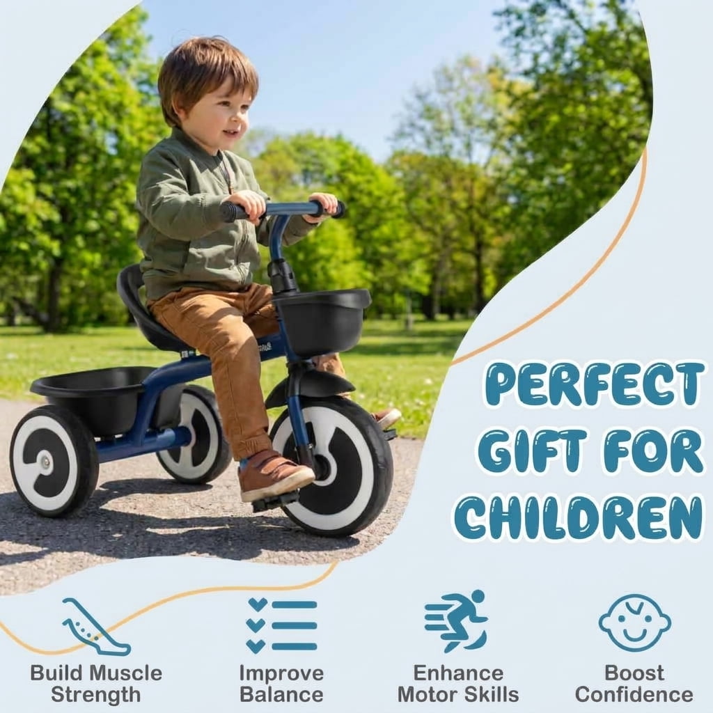 Redsmile Toddler Tricycle for 1.5-5 Year Olds, Kids Trike with Adjustable Seat and Storage Baskets, First Tricycle, Blue