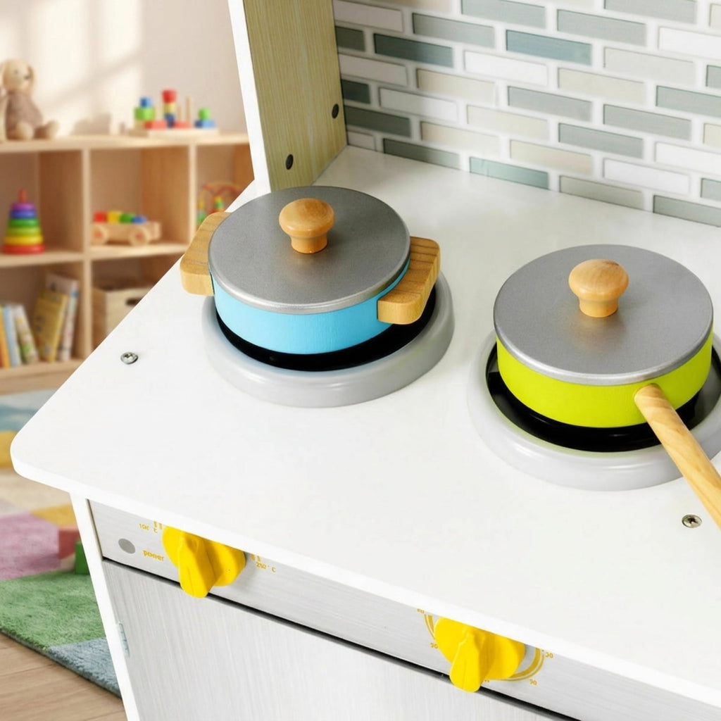 Redsmile Wooden Play Kitchen for Kids, Pretend Cooking Playset with Cookware Accessories, Toddler Kitchen Toy, Beige
