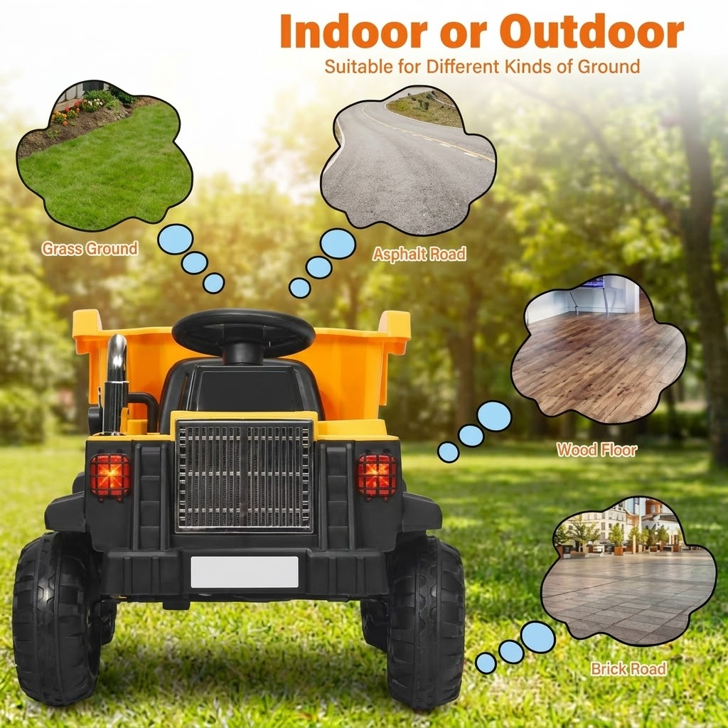 Redsmile 12V Battery Kids Ride On Dump Truck with Electric Bucket, Detachable Shovel, 2.4G Parental Remote Control, LED Lights, USB Music Toddler Toy, Yellow