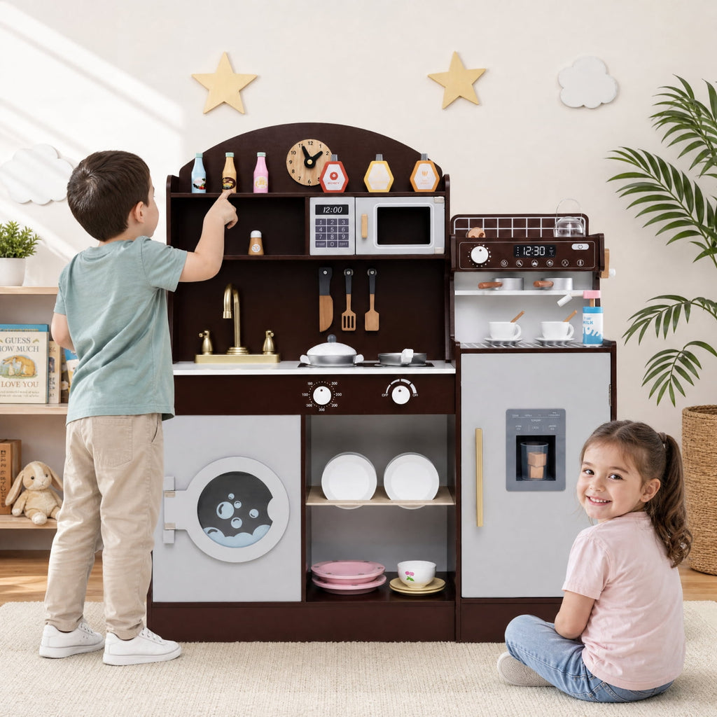 Redsmile Wooden Kids Kitchen Set for Toddlers 3+ Years, Pretend Play Kitchen with Coffee Maker, Ice Maker and 27 Accessories, Toddler Kitchen Playset with Ample Storage, Christmas Gift, Coffee
